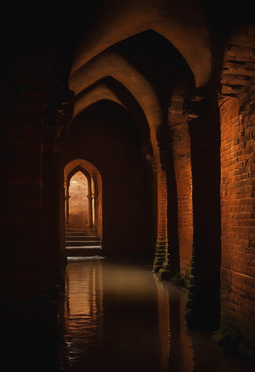 (dark room with pillars, damp and dark place resembling an old sewer chamber for ancient rituals, brick walls)