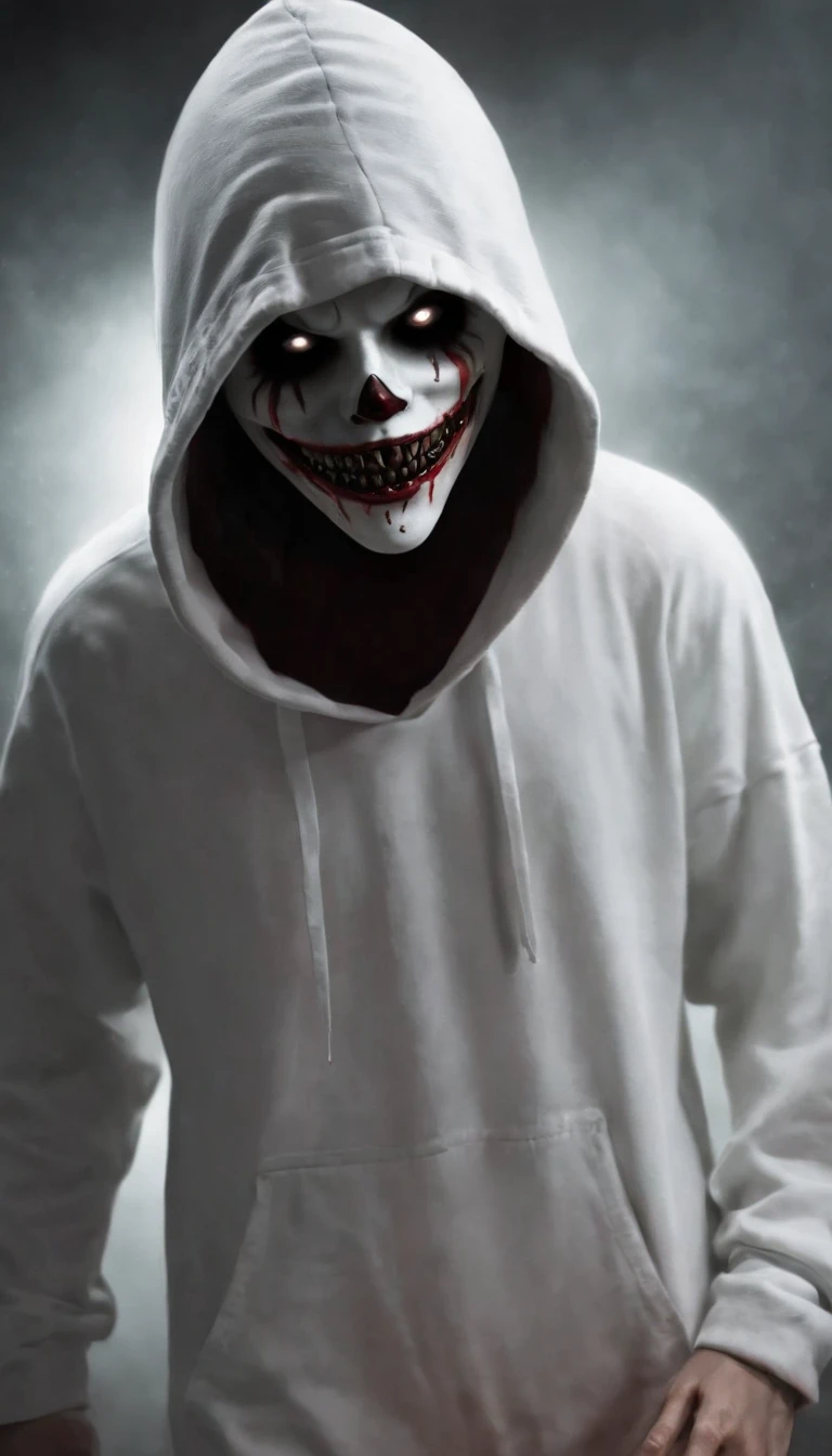 Character design, Momo face mix jeff the killer face, full body view, black, arafed man with short black hair and big eyes , scary picture, very scary photo, scary photo, cursed images, inspired by Junji Ito, jumpscare, creepypasta, junji ito 4 k, cursed image, very scary, scared face, scary look, scary face, creepy pasta, jeff the killer, extremely scary, creepy monster, long arm, long leg, humpback, wearing white hoodie, white pants, white body, white face, no eyes on his face, his face has many veins, very angry,there are many bones coming out of his back, horror film model, his hand holding a knife, holding a death sickle, holding the brain, wearing the hood, barefoot, running pose, injured, very madness, chaos, grinning,stick out tongue, long red tongue, red lips, creepy feeling, horror feeling, crazy, haunting, hunting prey, mysterious, ominous, dark aura ,dark background, and an unreal atmosphere in the background, Masterpiece, best quality, high quality, extremely detailed CG uniform 8k wallpaper, 3D model, award winning photography, bokeh, depth of field, HDR, bloom, Chromatic Aberration, Photorealistic, extremely detailed, trending on artstation, trending on CGsociety, Intricate, High Detail, dramatic, art by midjourney, cinematic, fantasy art