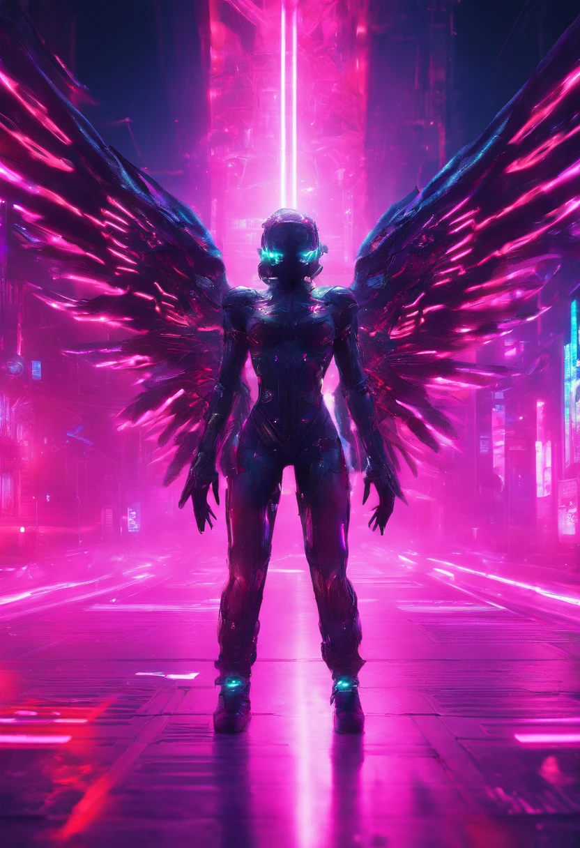 Cosmic Fallen Angel, glowing light eyes, Biomechanical, Eldritch, Creepy, nightmarish, Very bright colors, Light particles, With luminous light, wallpaper art, UHD wallpaper,Hanfu clothing