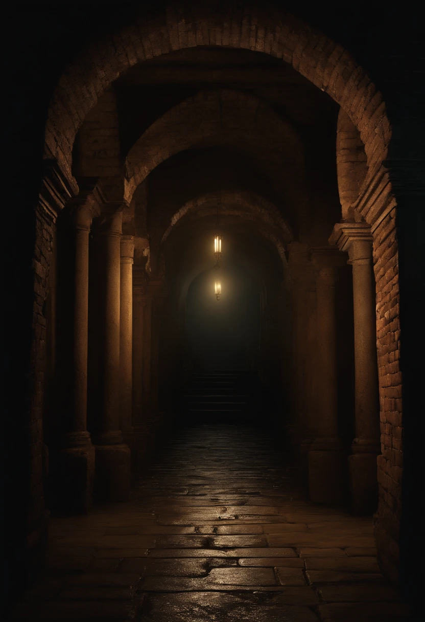 (best quality,highres:1.2),dark hall with pillars, wet and dimly lit, resembling an ancient sewer chamber for ancient rituals, brick walls, gloomy atmosphere, eerie shadows, flickering candlelight, mysterious symbols, damp smell.