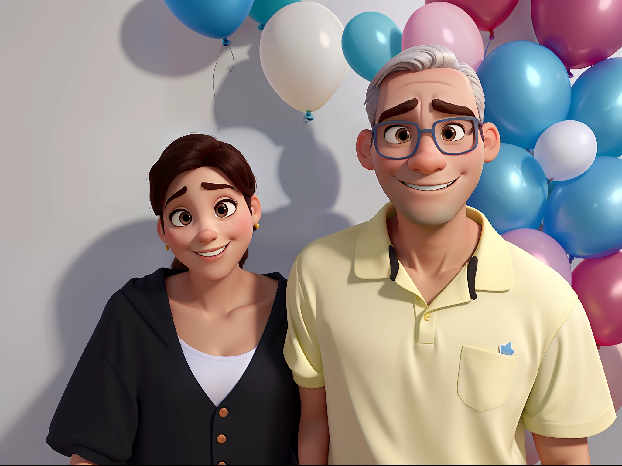 estilo disney pixar Um casal de Idosos, being A Woman and a Man with a Party Balloons Background, alta qualidade, highes definition