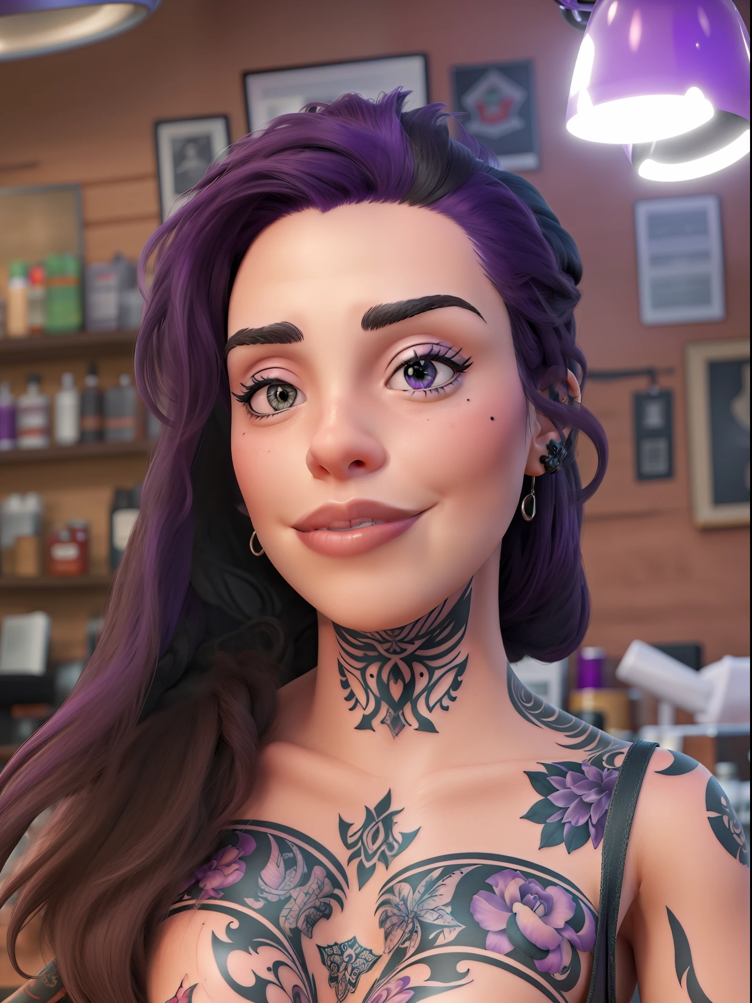 A tattoo artist in a tattoo parlor with low light in purple tones