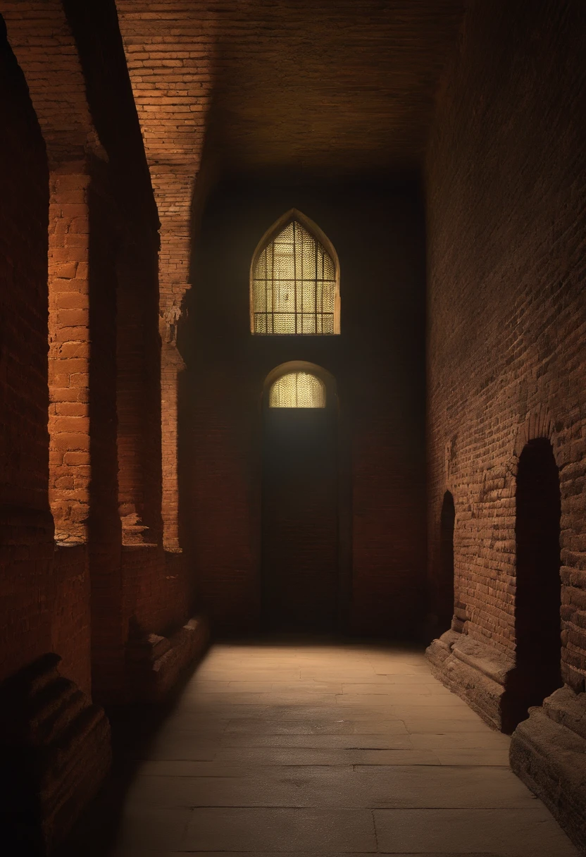 In a large dark room with columns, a place that is very dark and damp, resembling an old sewer chamber designed for ancient rituals, brick walls