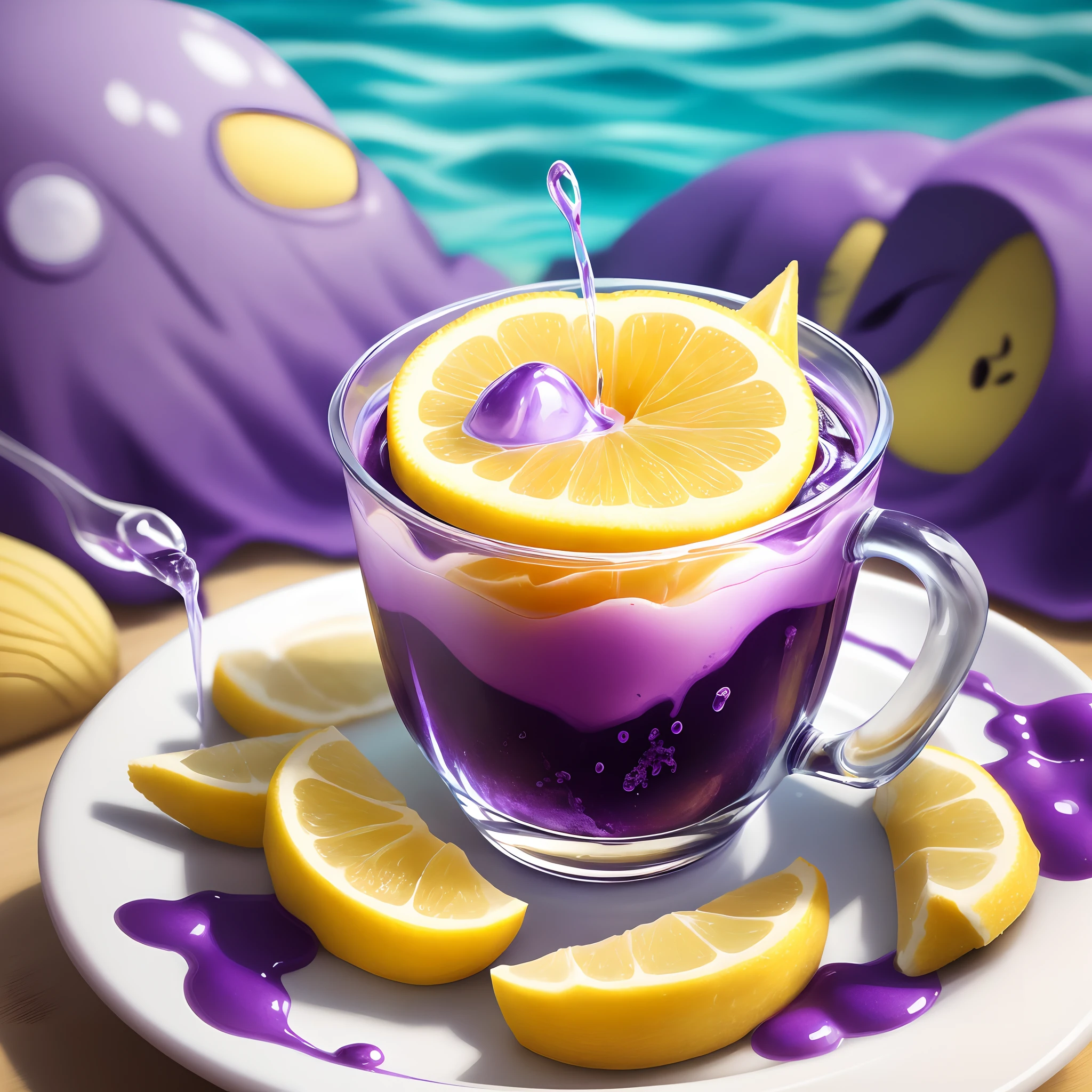 Hyper realistic SpongeBob drinking from white cup with purple liquid