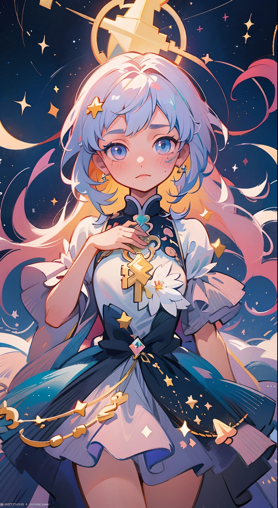 Anime magical girl, star brooch on her chest, sparkling magical girl, portrait of the magical girl, magical girl dress, intricate dress design, beautiful celestial mage, Detailed key anime art, Trending on ArtStation pixiv, magical girl, guweiz on pixiv artstation, high detailed official artwork, Cute anime waifu in a nice dress, Pixiv Contest Winner, anime goddess, official anime artwork