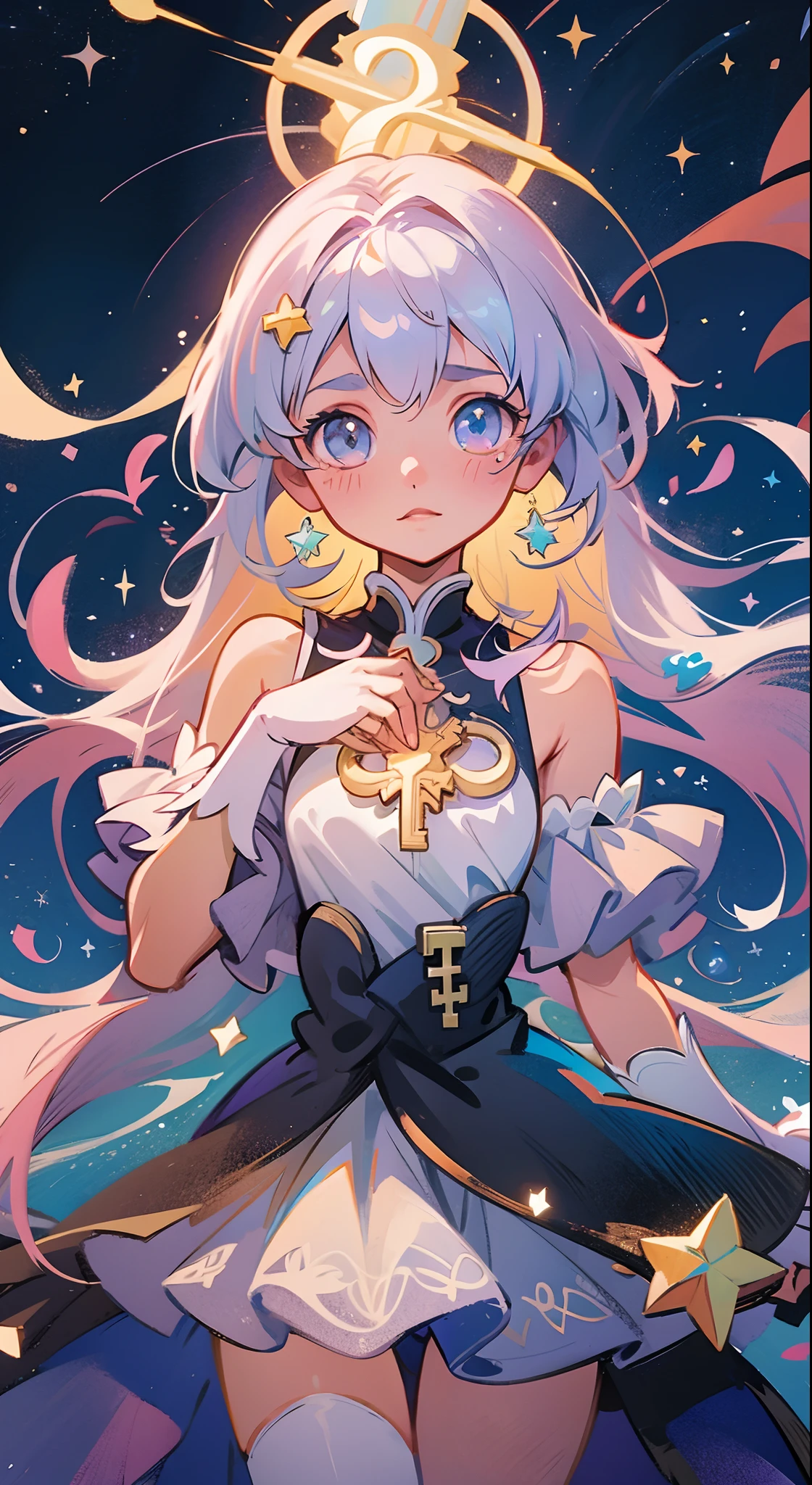 Anime magical girl, star brooch on her chest, sparkling magical girl, portrait of the magical girl, magical girl dress, intricate dress design, beautiful celestial mage, Detailed key anime art, Trending on ArtStation pixiv, magical little girl, guweiz on pixiv artstation, high detailed official artwork, Cute anime waifu in a nice dress, Pixiv Contest Winner, anime goddess, official anime artwork
