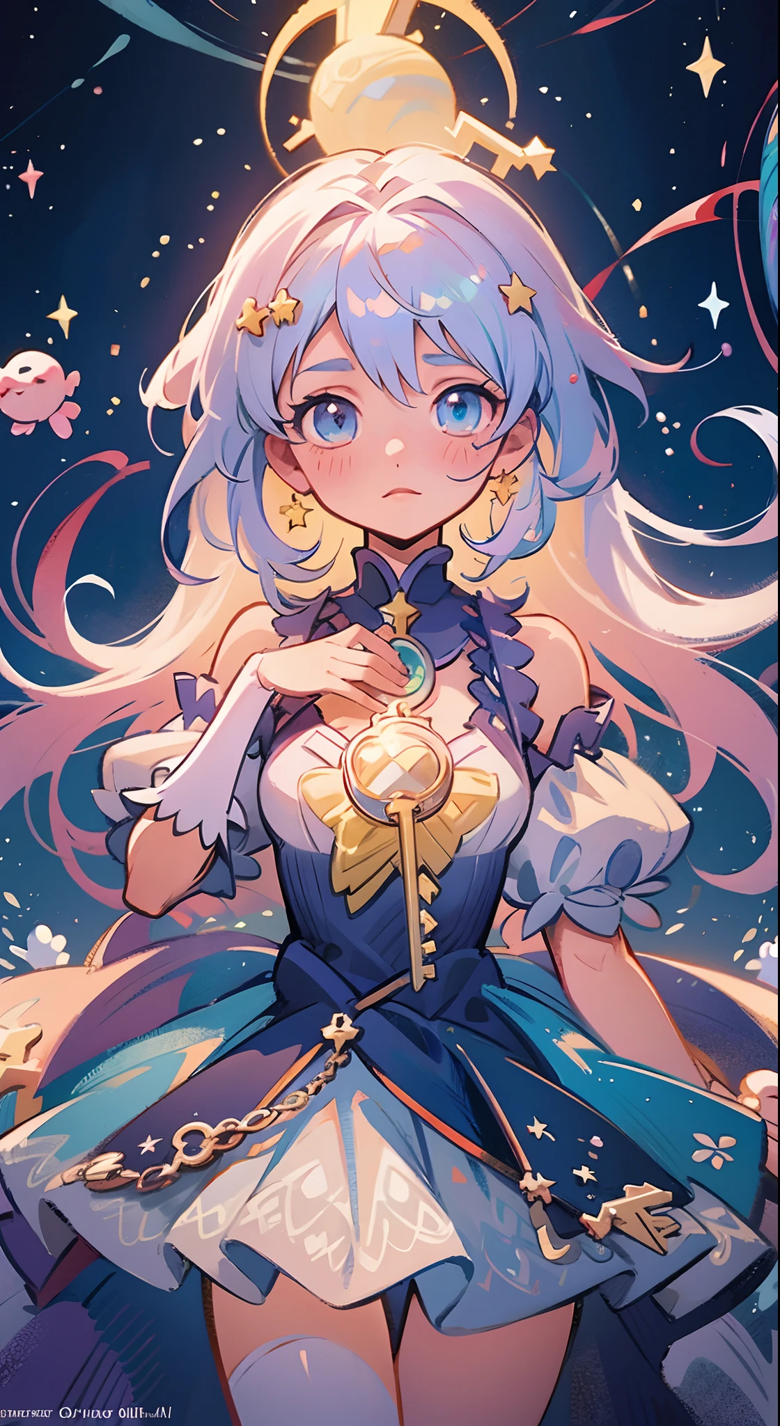 Anime magical girl, star brooch on her chest, sparkling magical girl, portrait of the magical girl, magical girl dress, intricate dress design, beautiful celestial mage, Detailed key anime art, Trending on ArtStation pixiv, magical little girl, guweiz on pixiv artstation, high detailed official artwork, Cute anime waifu in a nice dress, Pixiv Contest Winner, anime goddess, official anime artwork
