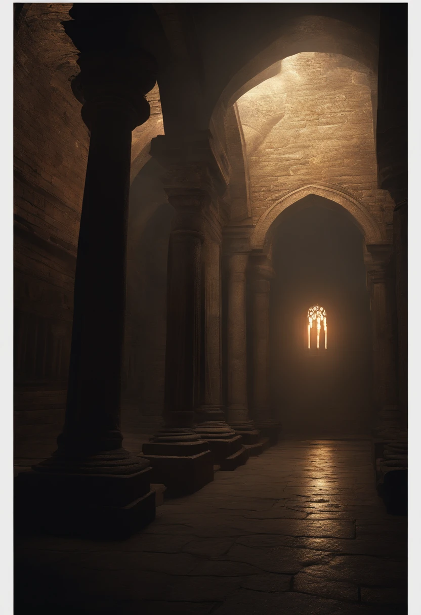(best quality,4k,highres,masterpiece:1.2),ultra-detailed,(realistic:1.37) dark grand room with pillars, extremely dark and damp like an ancient sewer chamber created for ancient rituals, brick walls, eerie atmosphere,horrifying shadows,thick mist, ancient relics, mysterious symbols, flickering candles, creepy statues, distant echoes, hooded figures, ethereal glow,low-key lighting,ancient magic,ominous aura,secrets of the past