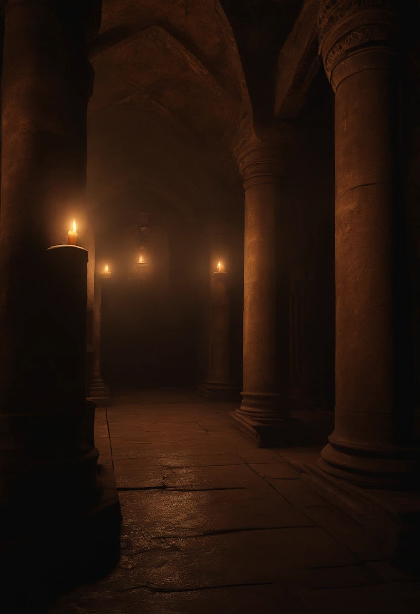 (best quality,4k,highres,masterpiece:1.2),ultra-detailed,(realistic:1.37) dark grand room with pillars, extremely dark and damp like an ancient sewer chamber created for ancient rituals, brick walls, eerie atmosphere,horrifying shadows,thick mist, ancient relics, mysterious symbols, flickering candles, creepy statues, distant echoes, hooded figures, ethereal glow,low-key lighting,ancient magic,ominous aura,secrets of the past
