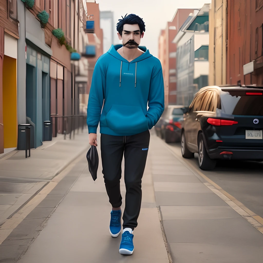Create a boy in blue hoodie and gray pants with brandy and mustache and black sneakers and black hair
