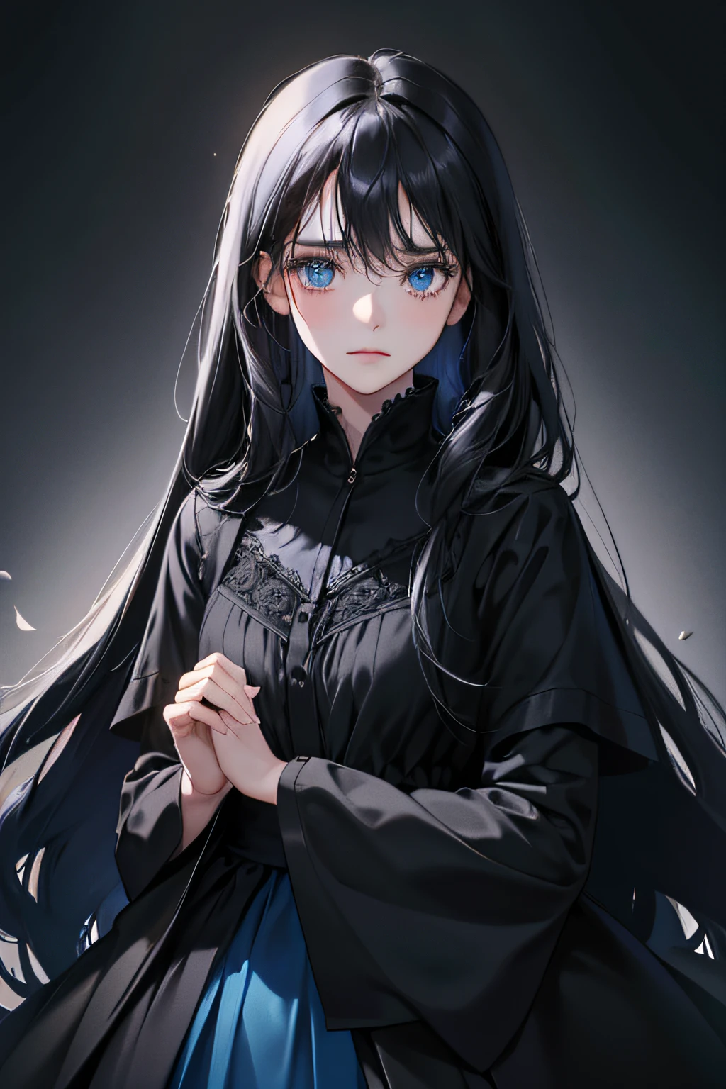 1 girl, high res, long black hair, blue eyes, wearing beautiful and modest black dress, sad and depressed, dark background ultrasharp, 8K, masterpiece, looking at the viewer