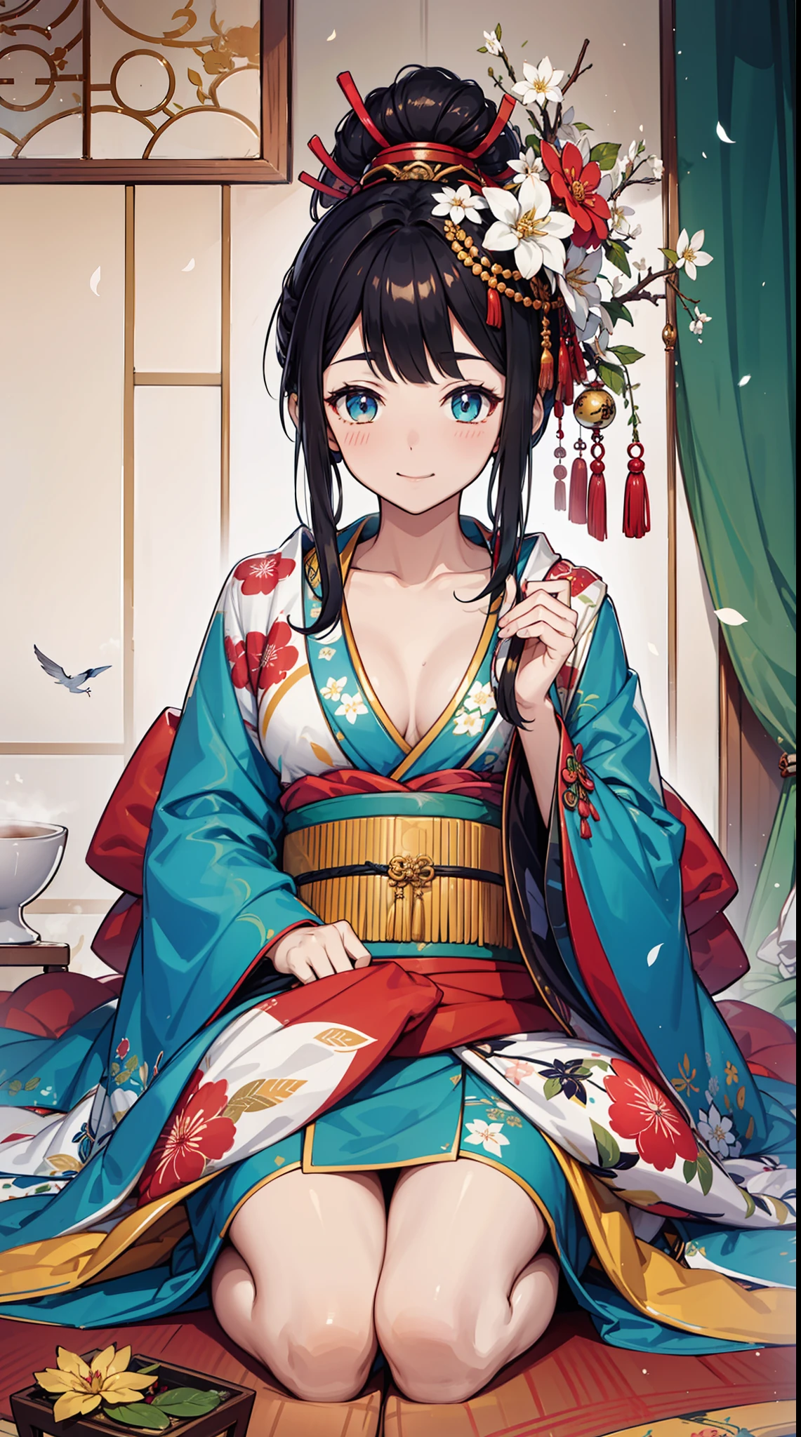 tmasterpiece,Best quality at best,hyper detailed illustration,Extremely refined and beautiful, (blossoms:1.2),Botanical motifs,Bird motif, (color difference:1.2),s girl, (1girll:1), having fun,Enchanted,独奏, Oiran, (japanses clothes:1.2), Medium curve