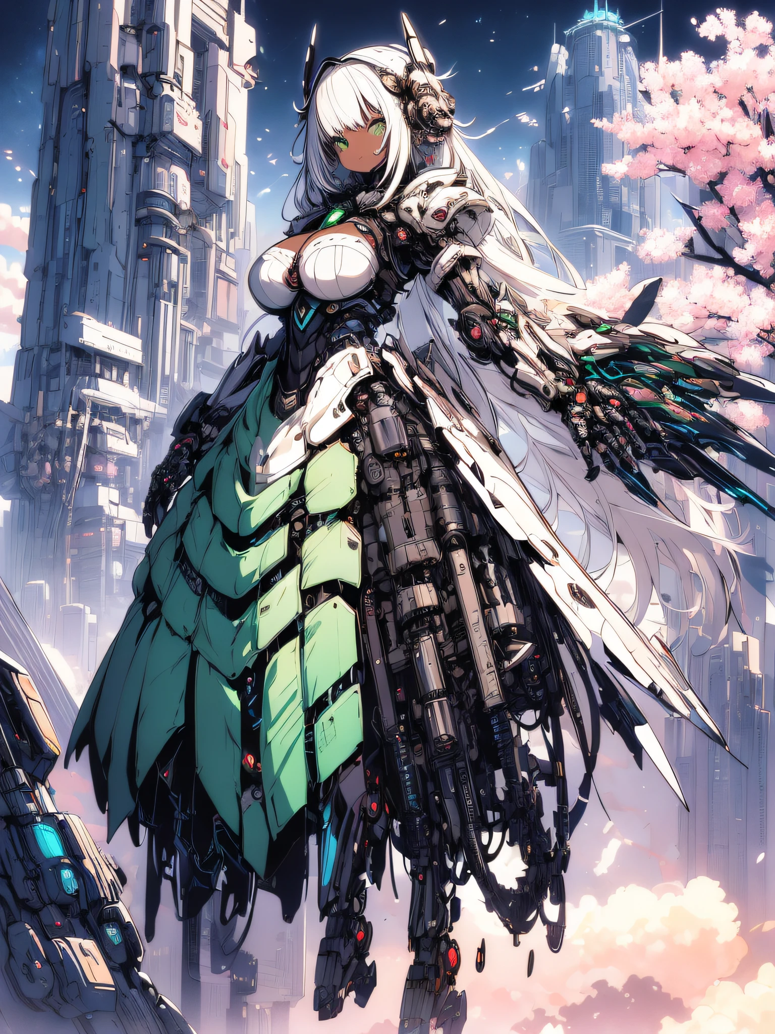 The most beautiful and sexy mecha warrior girl, platinum hair, green eyes, dark african skin, wearing a highly detailed futuristic hooded mecha battle armor, mechanical angel wings, huge enormously gigantic tits, cleavage showing, tons of tattoos and piercings, in hyper futuristic city metropolis, cherry blossoms blowing in the wind, highly detailed background, absurdres, highres, ultra detailed, (cute illustration:1.5), (cute,kawaii,sweet:1.2),
(1girl:1.4), bodysuit, cyborg girl,
hyper gigantic mechanical hands,dynamic pose, 
nice hands, perfect hands, incredibly cinematic, best quality, best resolution