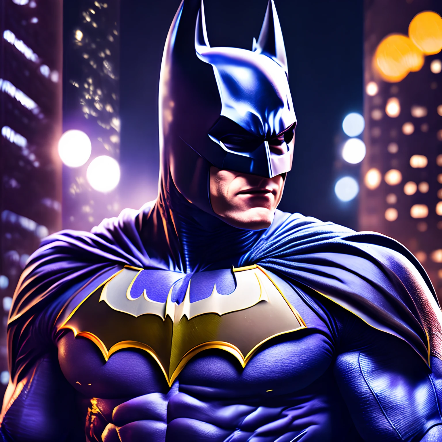 finest image, (8k, RAW photo, realistic), detailed and delicate depiction and flashy and dynamic painting method, Batman, muscular, macho, cool, iridescent amazing Haki aura, even inside the mask he's super handsome, background New York scenery at night, white haze, moon