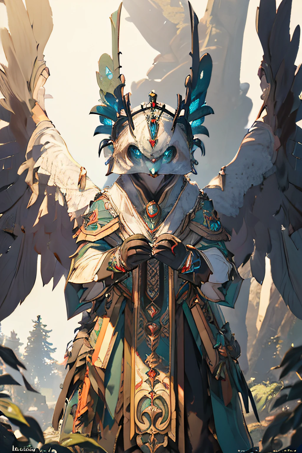 Female, Owl person, 1 set of wings, big owl beak, owl eyes, bird talons, Breastplate, Skirt, Alchemist, magic (beautiful detailed eyes,sharp focus),light and shadow,forest background,vibrant colors,artistic piece,realistic painting,portrait, elegant poses, mystic atmosphere] (best quality,highres:1.2),(realistic,photorealistic:1.37),medium:oil painting