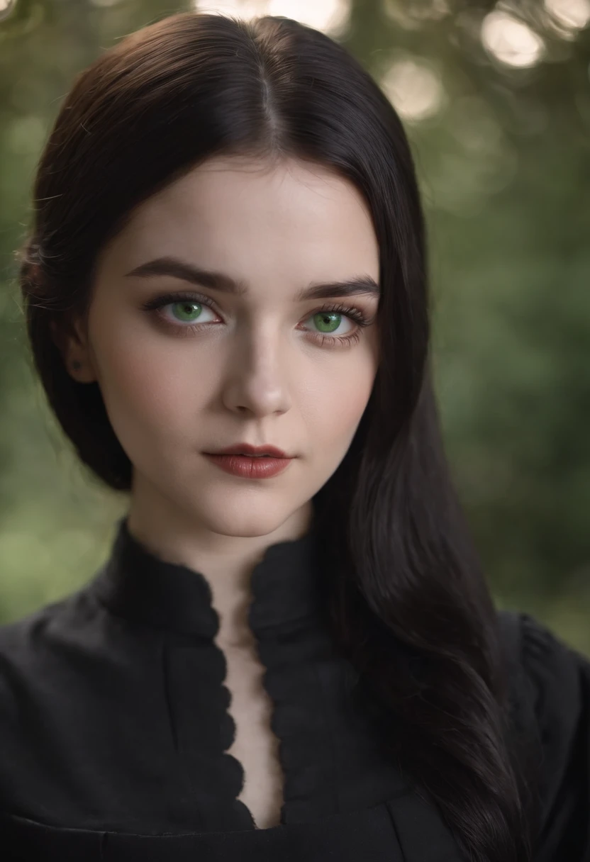 Wednesday Adams , woman around 19 years old,black raven hair, distinctive green eyes, wearing black school uniform, slender and graceful, beautiful, goth, candlelight in a medieval setting, ultra sharp focus, realistic shot, medieval female clothes, tetradic colors, big boobs,