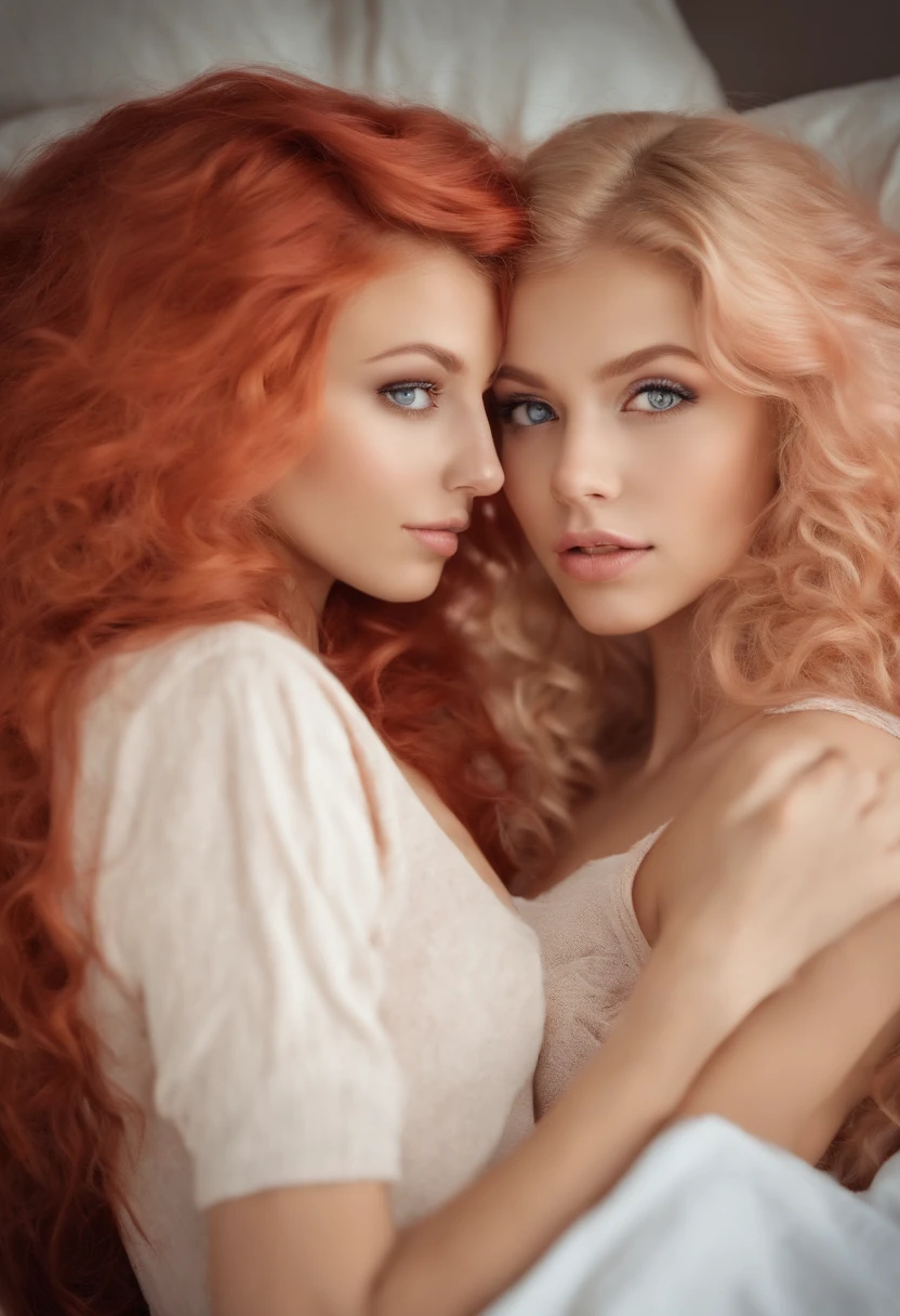 (best quality,highres,ultra-detailed), two attractive late teenage girls, beautiful detailed eyes, beautiful detailed lips, stunning eyes, in bed, white walls, left girl with blonde hair and pink highlights, right girl with vibrant red hair, extremely attracted to each other, passionately in love, seductive, lesbian lovers, full body, nude, sex.