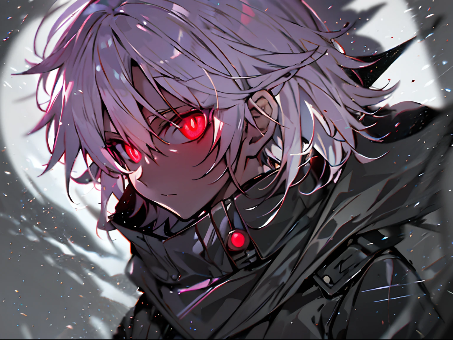 nffsw, Best Quality, masutepiece,Anime boy with white hair and red eyes staring at camera, Glowing red eyes,slim, dressed in a black outfit,Shadow Body,monochromes,hair messy,Farbe々Angle