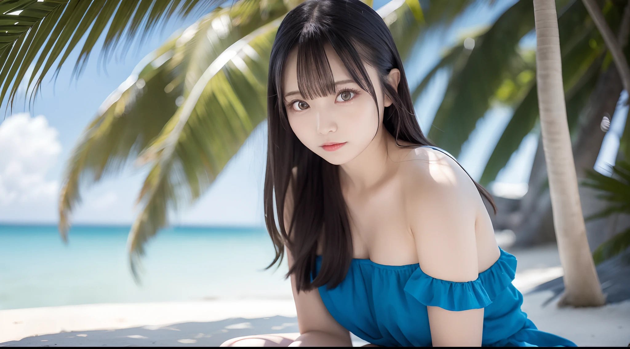 (), (Bare shoulders),, huge breasts, long black hair, bangs, sitting on a beach with clear blue water, under a shady coconut tree (Best quality, Super detailed), (Paradise starlight), (Shrouded in light), (Beautiful and mysterious),