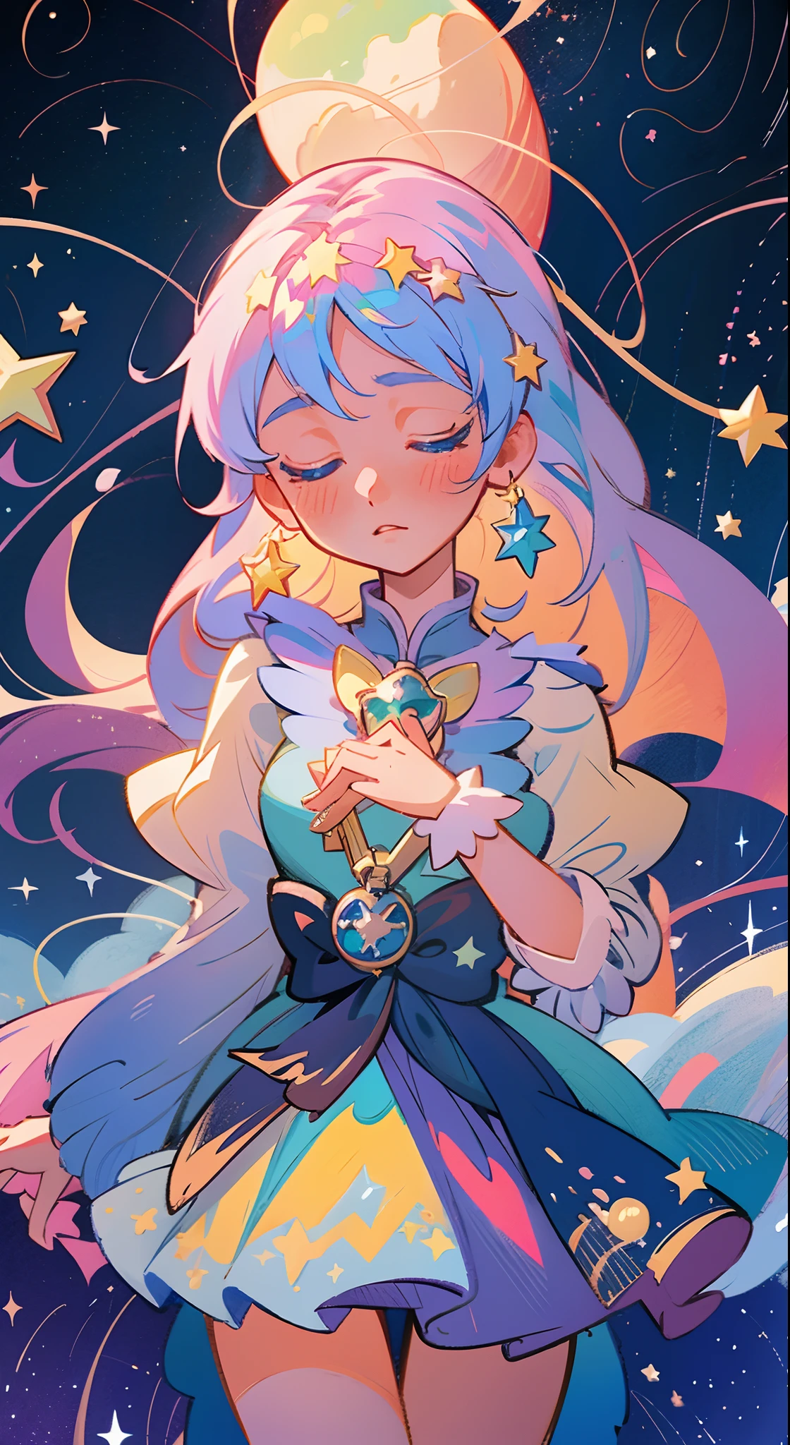 Anime magical girl, star brooch on her chest, sparkling magical girl, portrait of the magical girl, beautiful celestial mage, Detailed key anime art, Trending on ArtStation pixiv, magical little girl, guweiz on pixiv artstation, high detailed official artwork, Cute anime waifu in a nice dress, Pixiv Contest Winner, anime goddess, official anime artwork