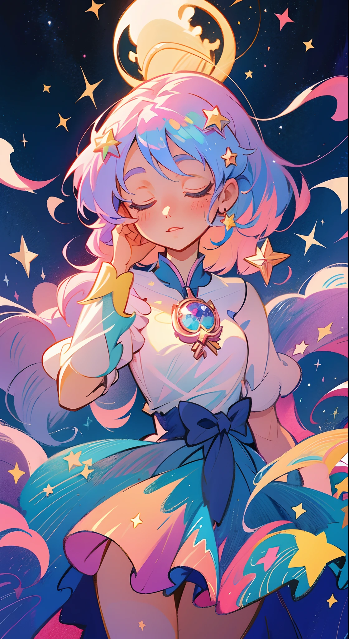 Anime magical girl, star brooch on her chest, sparkling magical girl, portrait of the magical girl, beautiful celestial mage, Detailed key anime art, Trending on ArtStation pixiv, magical little girl, guweiz on pixiv artstation, high detailed official artwork, Cute anime waifu in a nice dress, Pixiv Contest Winner, anime goddess, official anime artwork