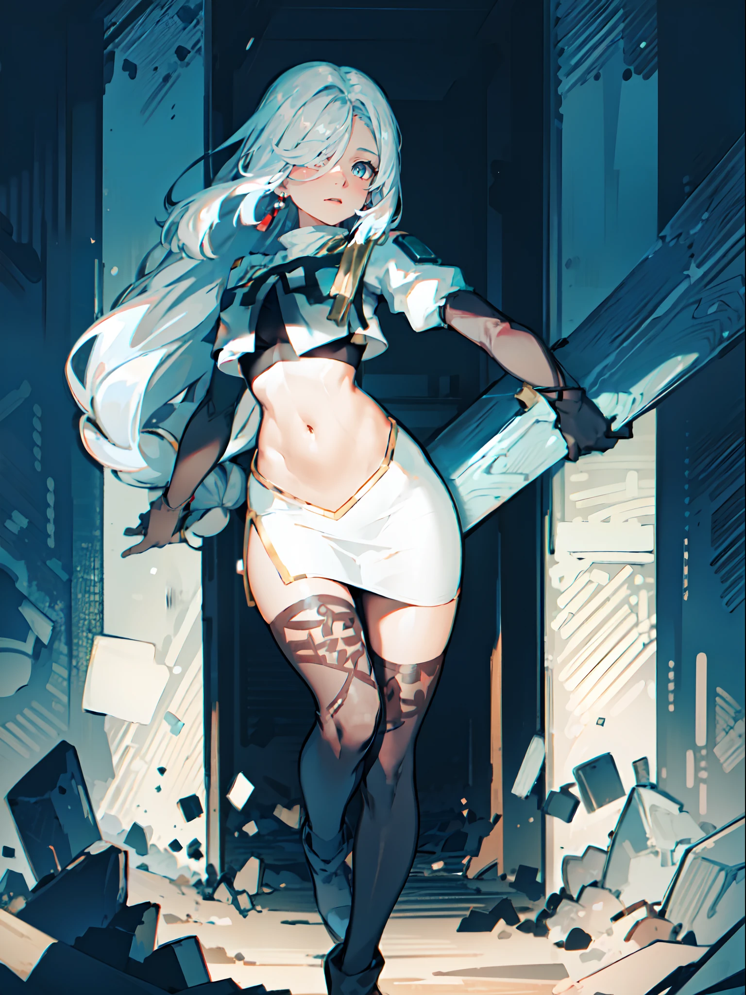 1girl, shenhe \(genshin impact\), long hair, silver hair, medium breasts, hair over one eye,,1girl,team rocket,team rocket uniform,white skirt,crop top,black thigh-highs,black elbow gloves,
