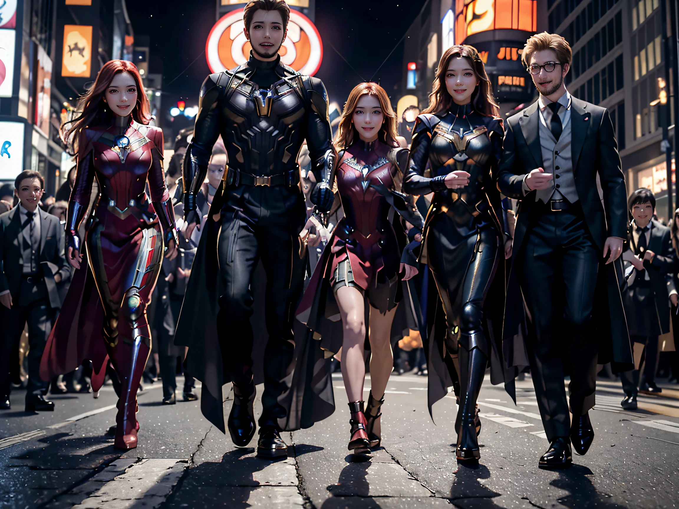 masterpiece, top-quality, top-quality, Beautifully Aesthetic:1.2, Halloween night,
Ironman, Spider-Man, Captain America, Hulk, Wanda, Ant-Man, Black Panther, Thor, Black Widow, Doctor Strange, Star-Lord, Rocket (Raccoon), Groot, Vision, Hawkeye,
BREAK
((The Avengers are in full force:1.2)),
((Walking At the middle of very crowded Shibuya Scramble Crossing decorated with Halloween decorations at late night:1.2)), (Full body shot:1.1), (From below:1.3),
