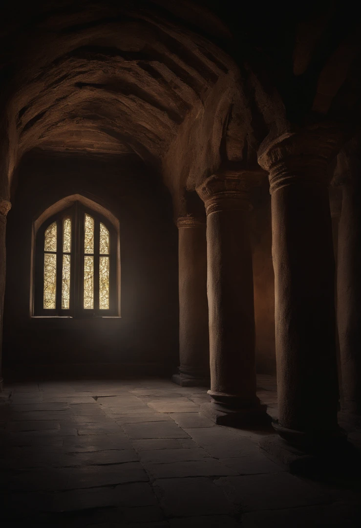 (best quality, highres:1.2), large room with pillars, dark and damp, resembling an old sewer chamber designed for ancient rituals, brick walls, eerie atmosphere, flickering candlelight, mystical aura, mysterious shadows, damp and musty scent, hidden symbols, ominous energy, ancient artifacts, claustrophobic feeling, echoey sound, chilling whispers, dimly lit corners, enigmatic atmosphere, supernatural presence