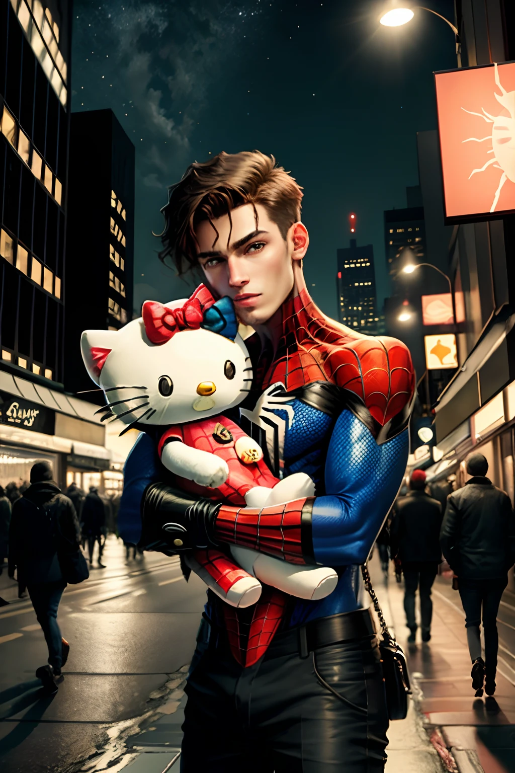 spiderman holding hello kitty in his arms in the city during the night