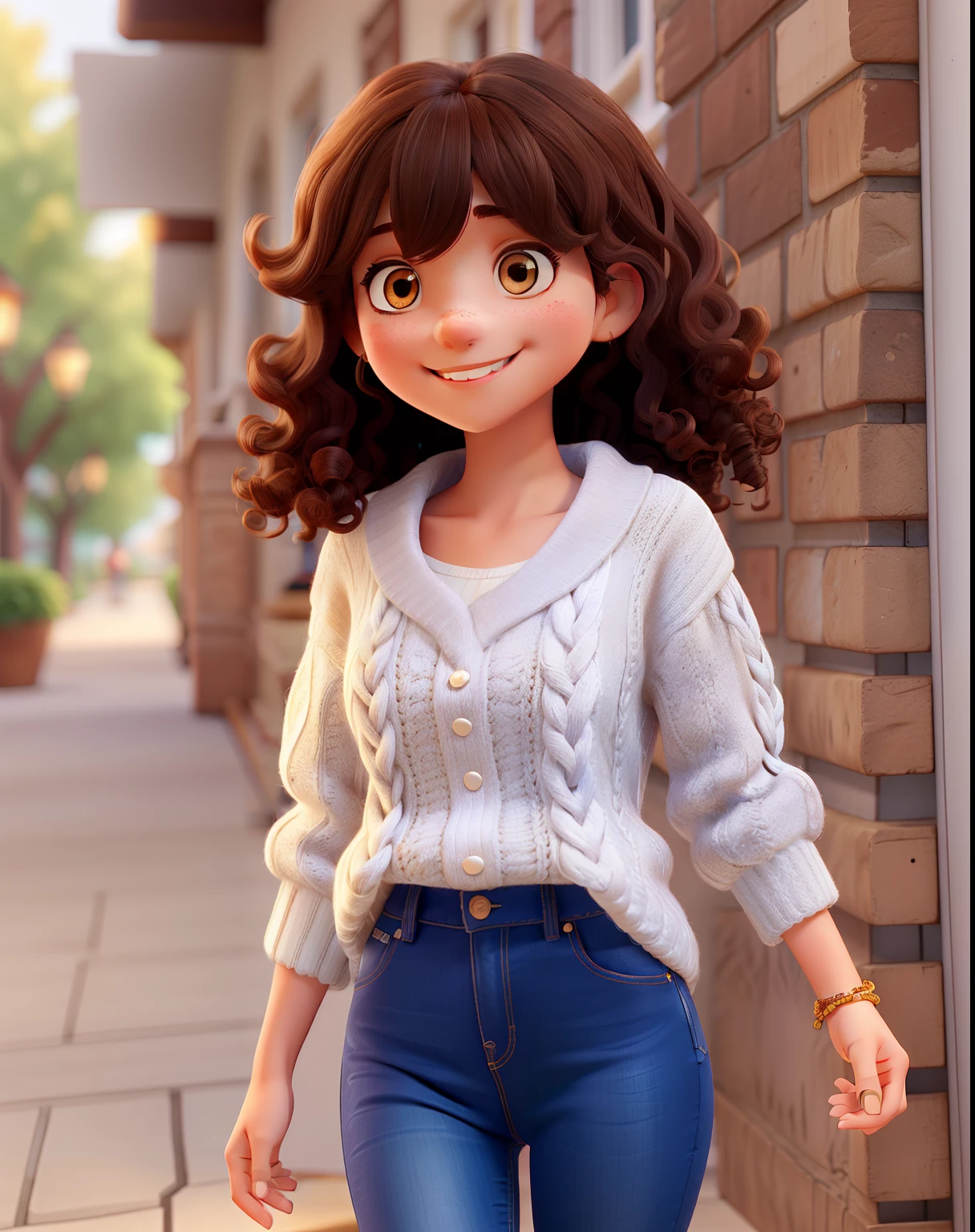 A beautiful girl with medium curly hair with bangs and dark brown, Dark eyes in jeans and white knitting smiling