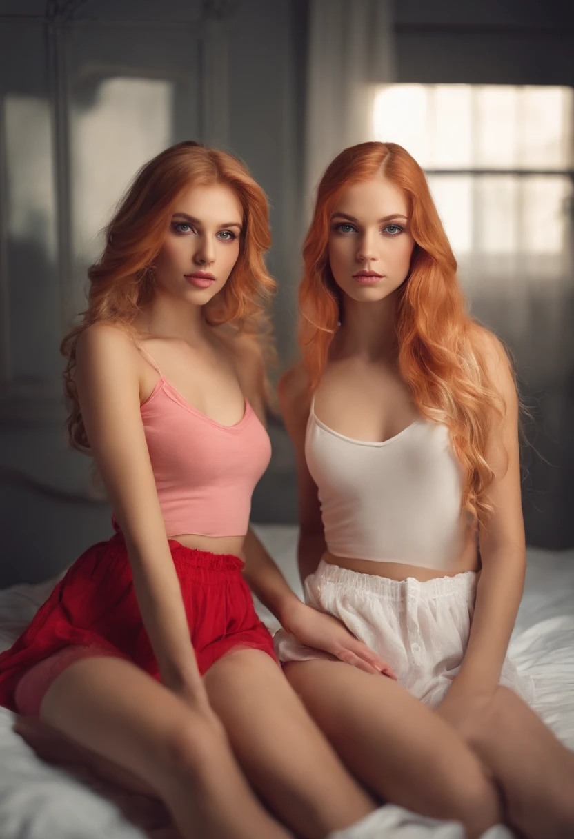 two attractive late teenage girls, beautiful detailed eyes, beautiful detailed lips, stunning eyes, in bed, white walls, left girl with blonde hair and pink highlights, right girl with vibrant red hair, extremely attracted to each other, passionately in love, seductive, lesbian lovers, full body, no clothing, having sex