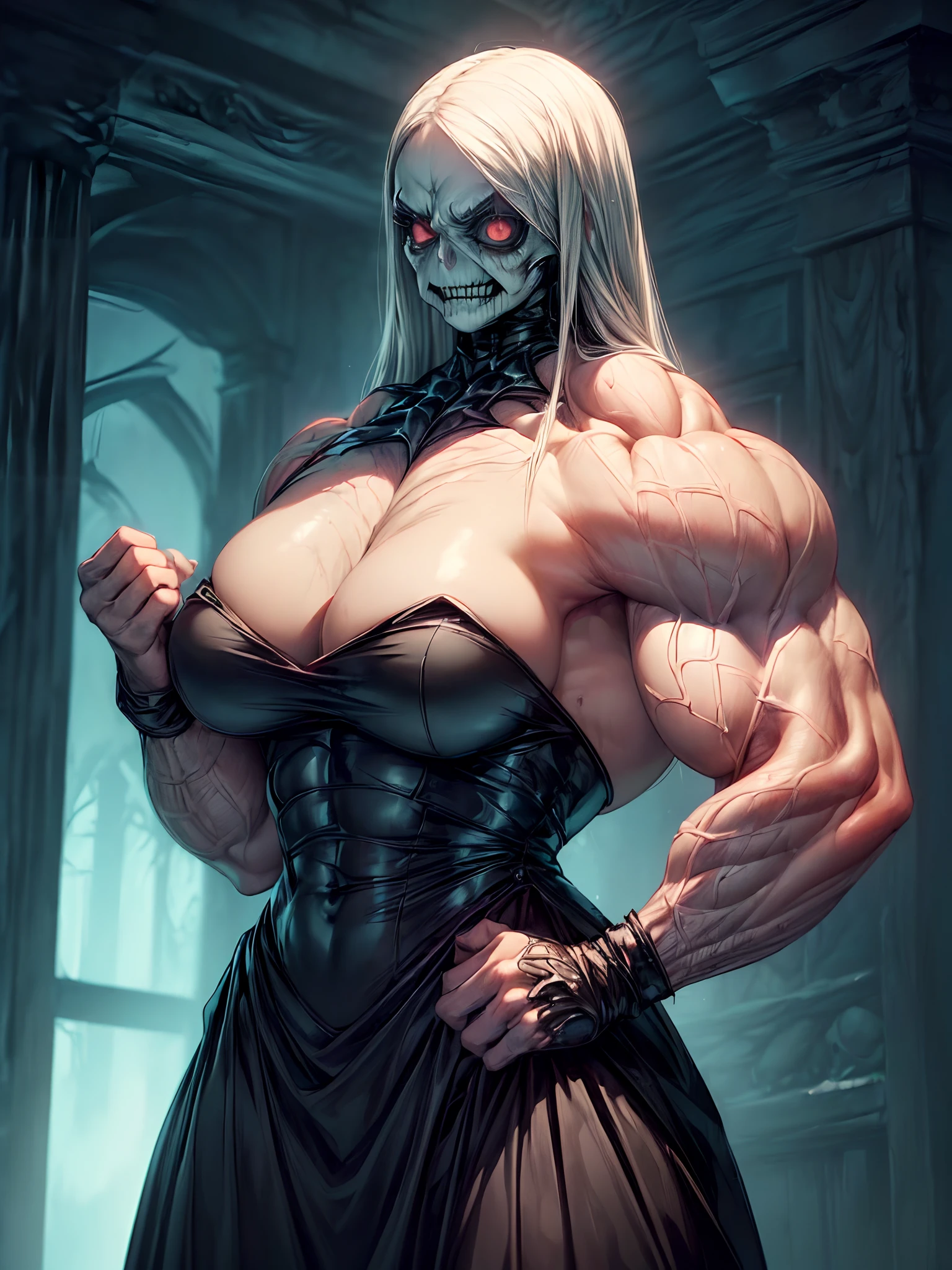 ((girl:1.5)), masterpiece, best quality:1.2, ((muscular:1.3)),((creepy_face:1.5)), ((horror:1.5)), ((creepy:1.5)) ((big_muscle:1.5)),(dry_muscle)),((huge_muscle:1.5)), Ghost, ,monster, ((creepy house)), ((fang)), ((creepy )),(Masterpiece, best quality:1.4), (photorealistic:1.3), ((scary ghost)), halloween mood, spook, creepy scenery,dark element, black suit,demon,upper_body,((dark:1)),(Masterpiece, best quality:1.4), (photorealistic:1.3),  ((scary ghost)), halloween mood, spook, creepy scenery,fullbody