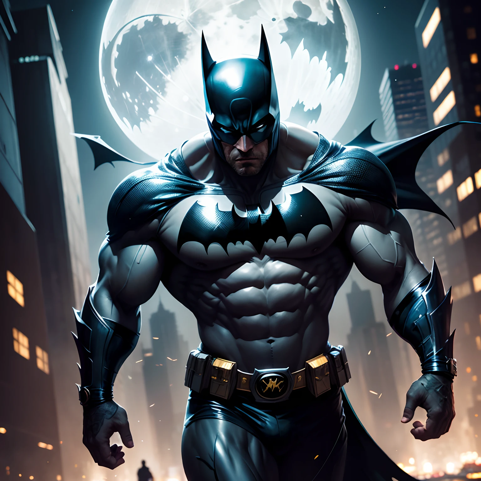 (Masterpiece, Superb Quality, Super Detail, High Resolution), Male Focus, (((Batman))), (((Muscular Man)))), (((Muscle Detail))), (((Batman Armor)))) Pose for Photo, City Ruins, Background Details, (((Full Body)), (((Batman Huge Sense))