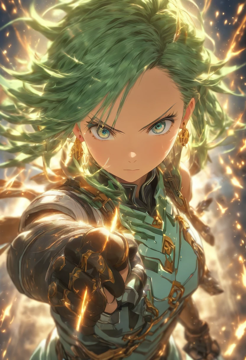 High quality, Ultra detailed, masterpiece, intricate detail, (front view:1.5), (symmetrical view:1.7), close-up, master of draw, colorfull, (1girl), a women with light blue hair and wearing silver armor and dark blue clothing, ((Sinon Solus from Sword Art Online)), holding a sacred bow, anime girl, earrings, hair ornament, aura and magic particles, Face behind the camera, Head facing the camera, Ultra photo realsisim, beautiful blue eyes, ultra detail, absurd, abstract, cinematic, Ultra HD 8K, flying, blue nuerons running on the neck