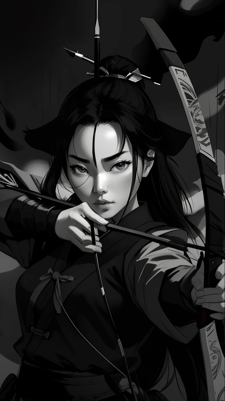 arafed woman with a bow and arrow in a black and white photo, portrait of mulan, cinematic. by leng jun, with bow and arrow, she is holding a katana sword, by Zhang Han, iu lee ji-eun as a super villain, portrait shot, inspired by Chen Yifei, by ruan jia and stanley artgerm