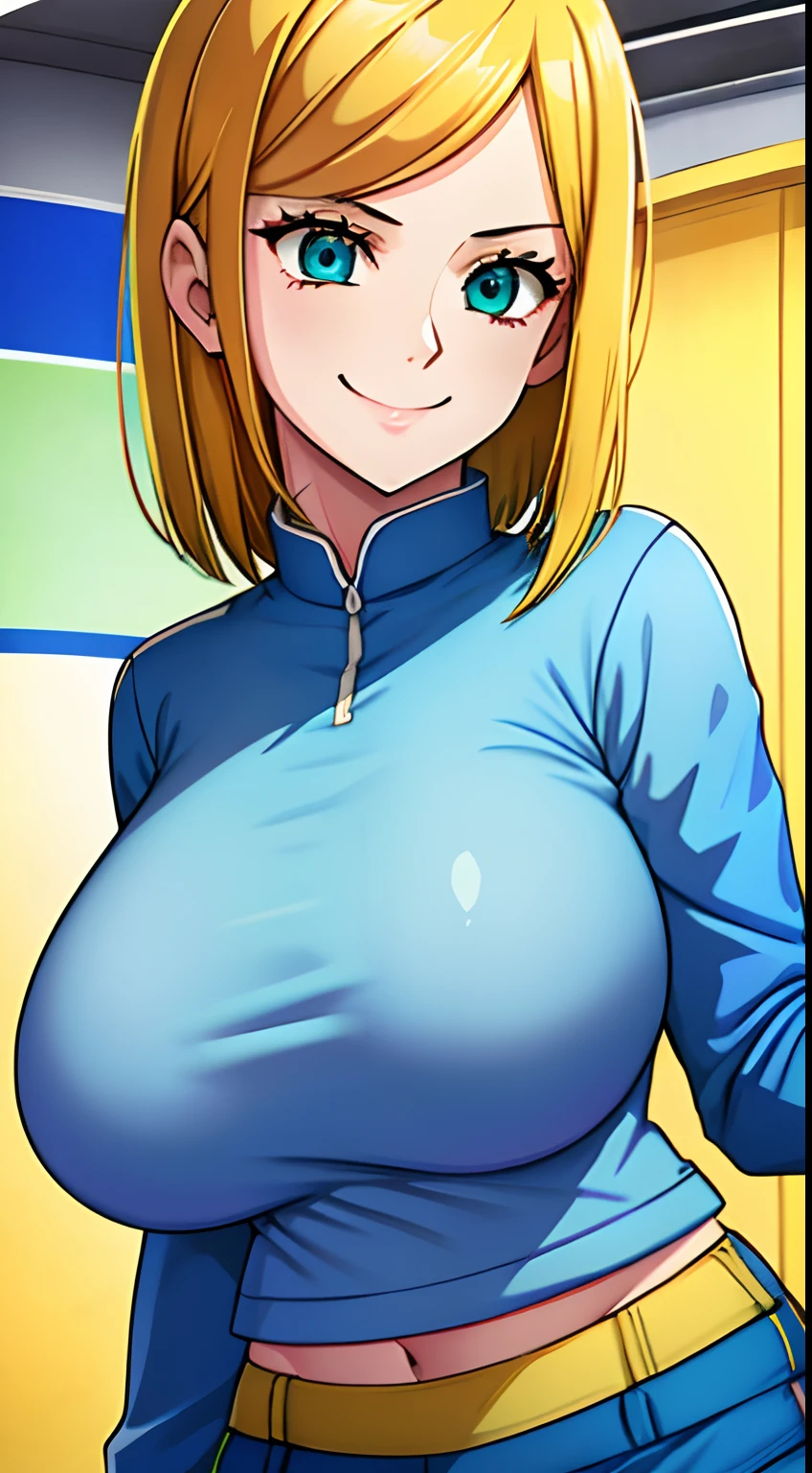 Cute girl,big sized boobs, blue colour full sleeve T shirt outfit,, yellow hair, blue colour full pant, public background , yellow hair, ultra realistic detailed green and blue colour eyes, long and open yellow colour hair, smiling