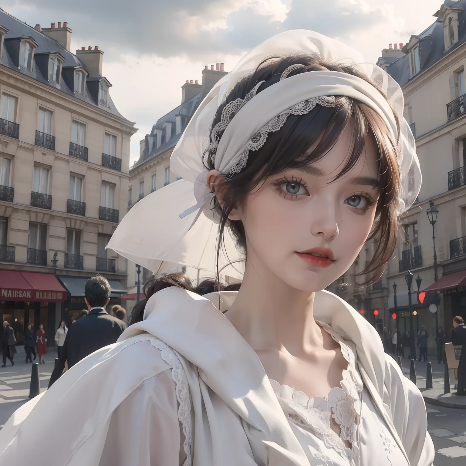 Paris , Storm scene, Edwardian woman in white, watercolor paiting