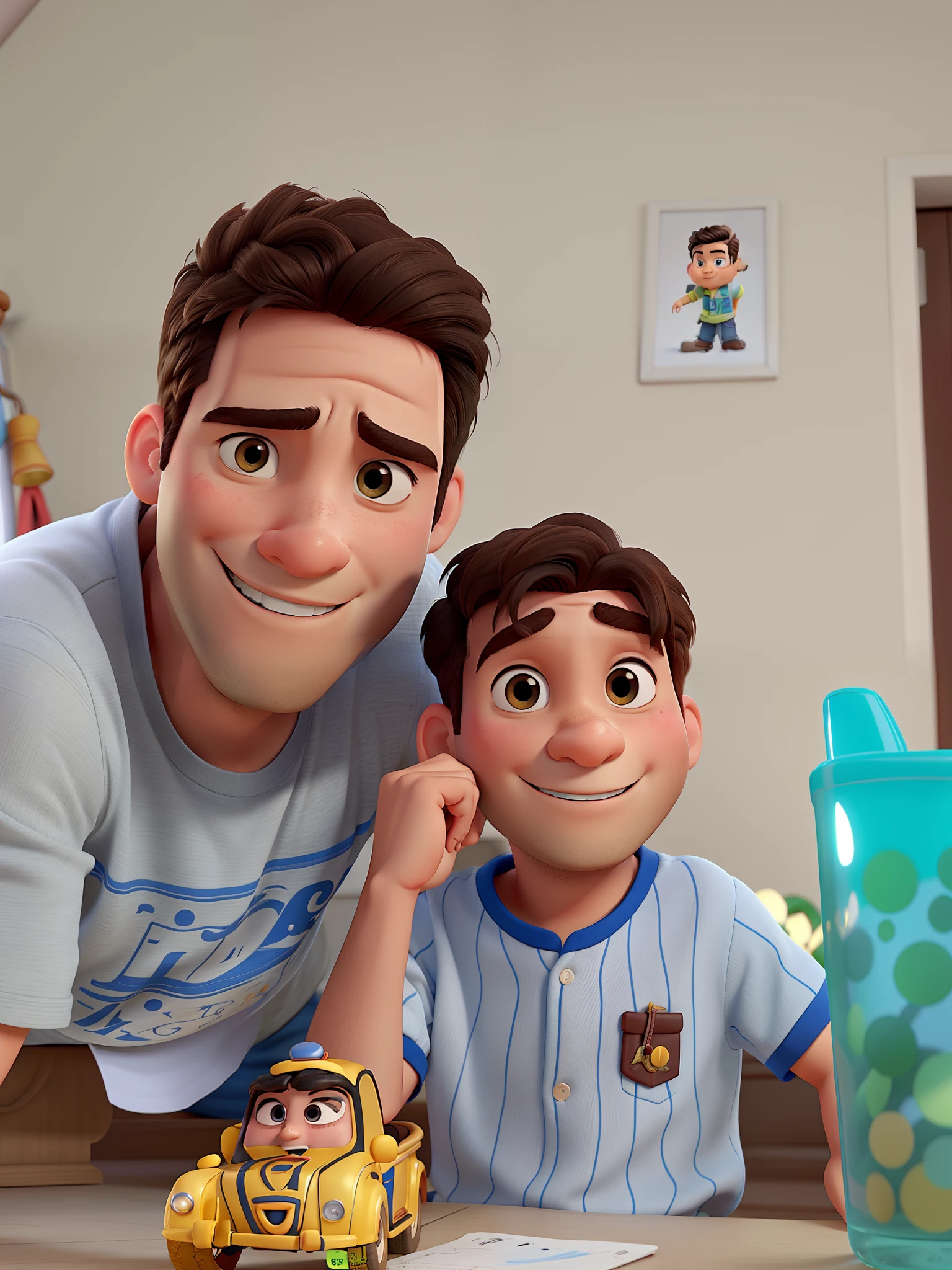 Um homem e um menino estilo Pixar Disney.
