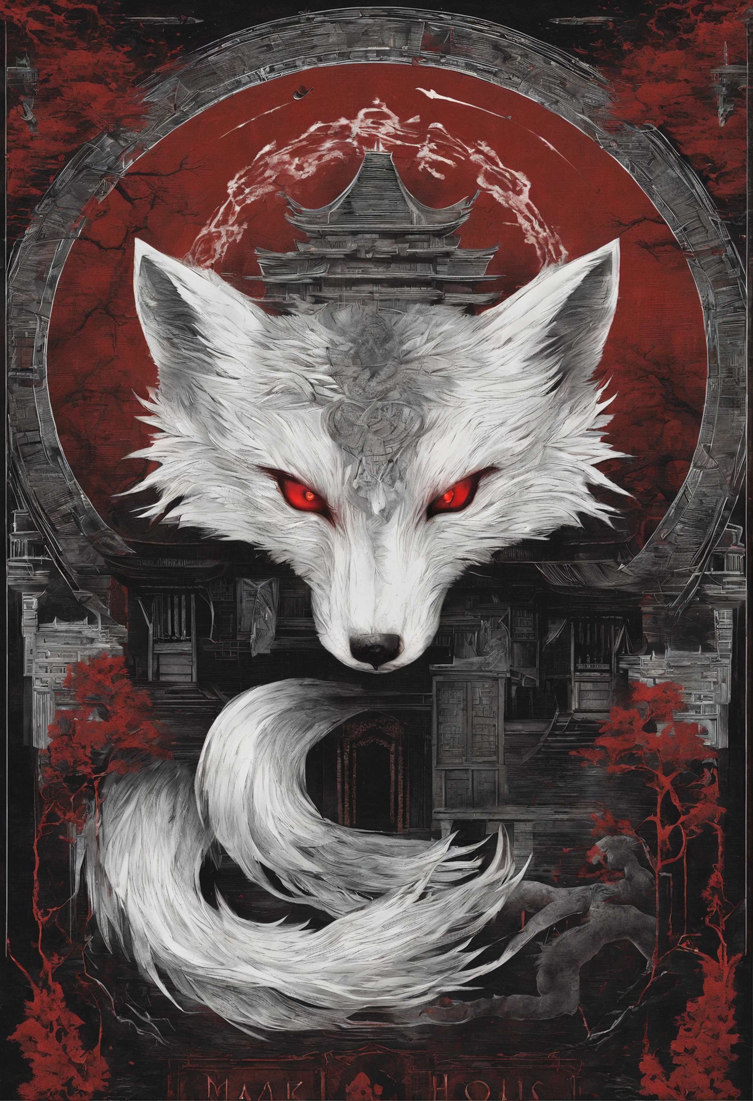 Chinese movie poster,red tint,A huge moon illuminates the entire village,The village is full of snowflakes,The 9-tailed white fox demon spits out a night pearl,Towards the moon,In the lower right corner, There is a house,There are a few faces peeking at the house,kitsune three - tailed fox, three - tailed fox, White-haired fox, ethereal fox, white fox anime, Nine tails, fantasy fox love, Kitsune, White fox