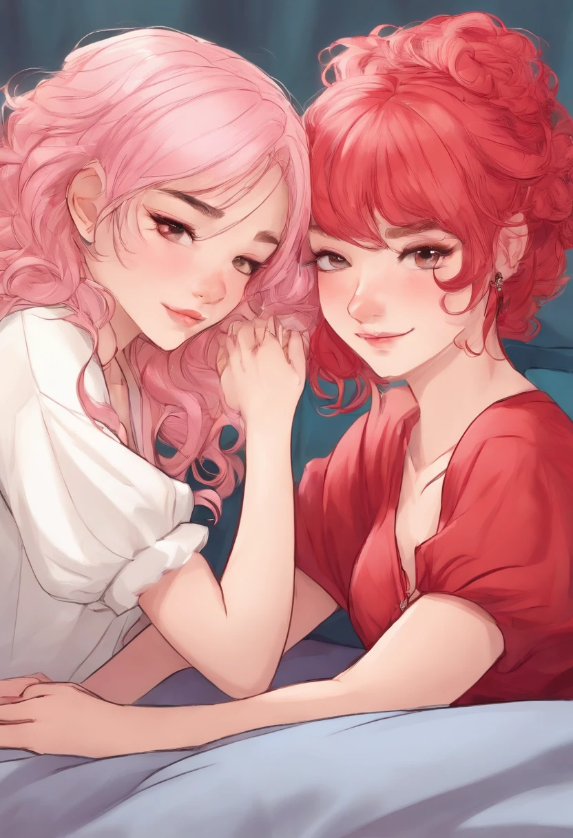 two very close attractive late teenage girls, in bed, white walls, left girl blonde and pink hair, right girl red hair, very attracted to each other, passionate, in love, , seductive, hand crotch