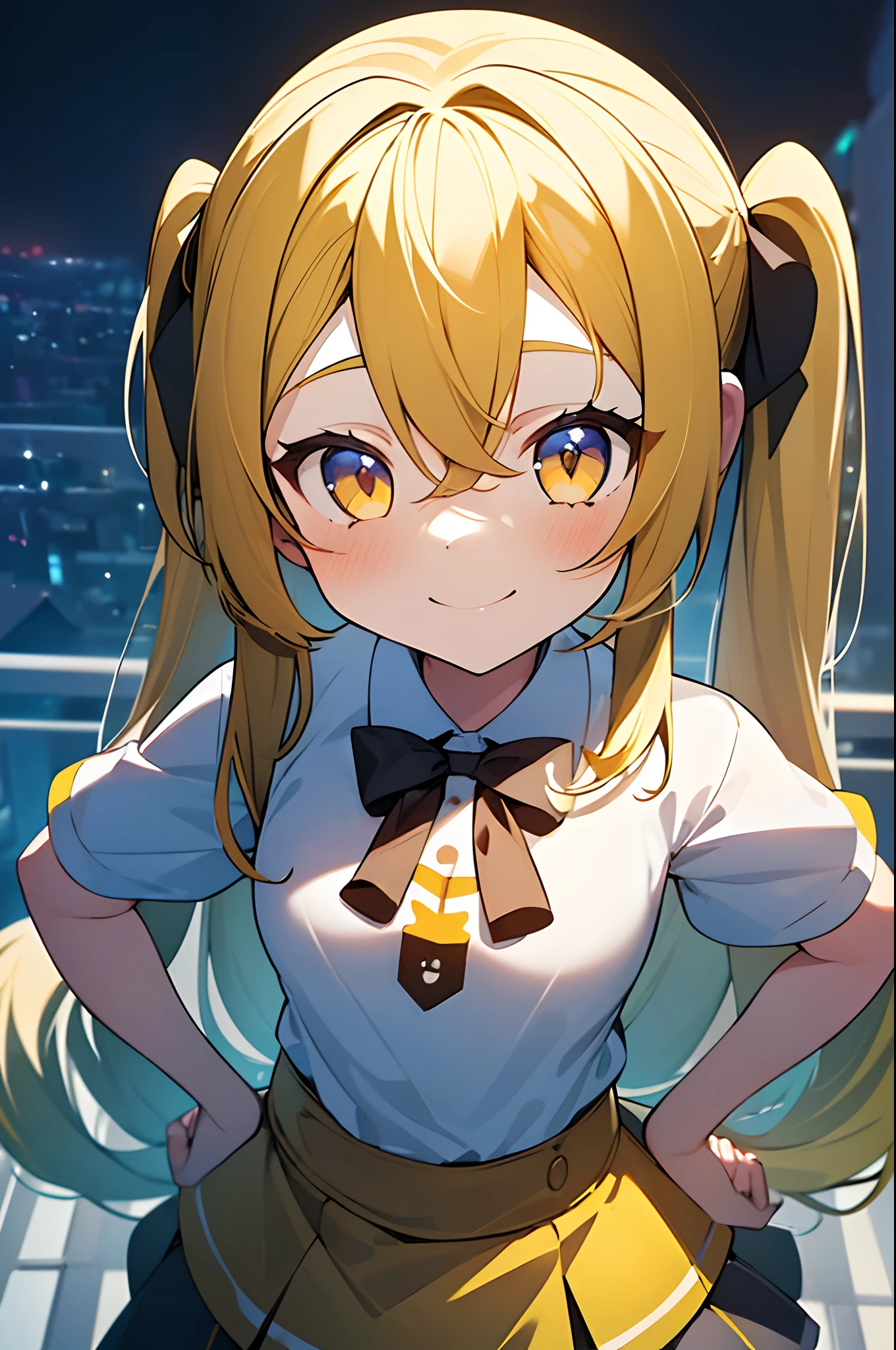 1girl. yellow hair.long hair.twintails.short stature. small breast.white t-shirts.skirt. (((masterpiece))).(((best quality))).)((ultra-detailed))).(((illustration))). (((put your hands on your hips))).(((night view))).smile.look from above.