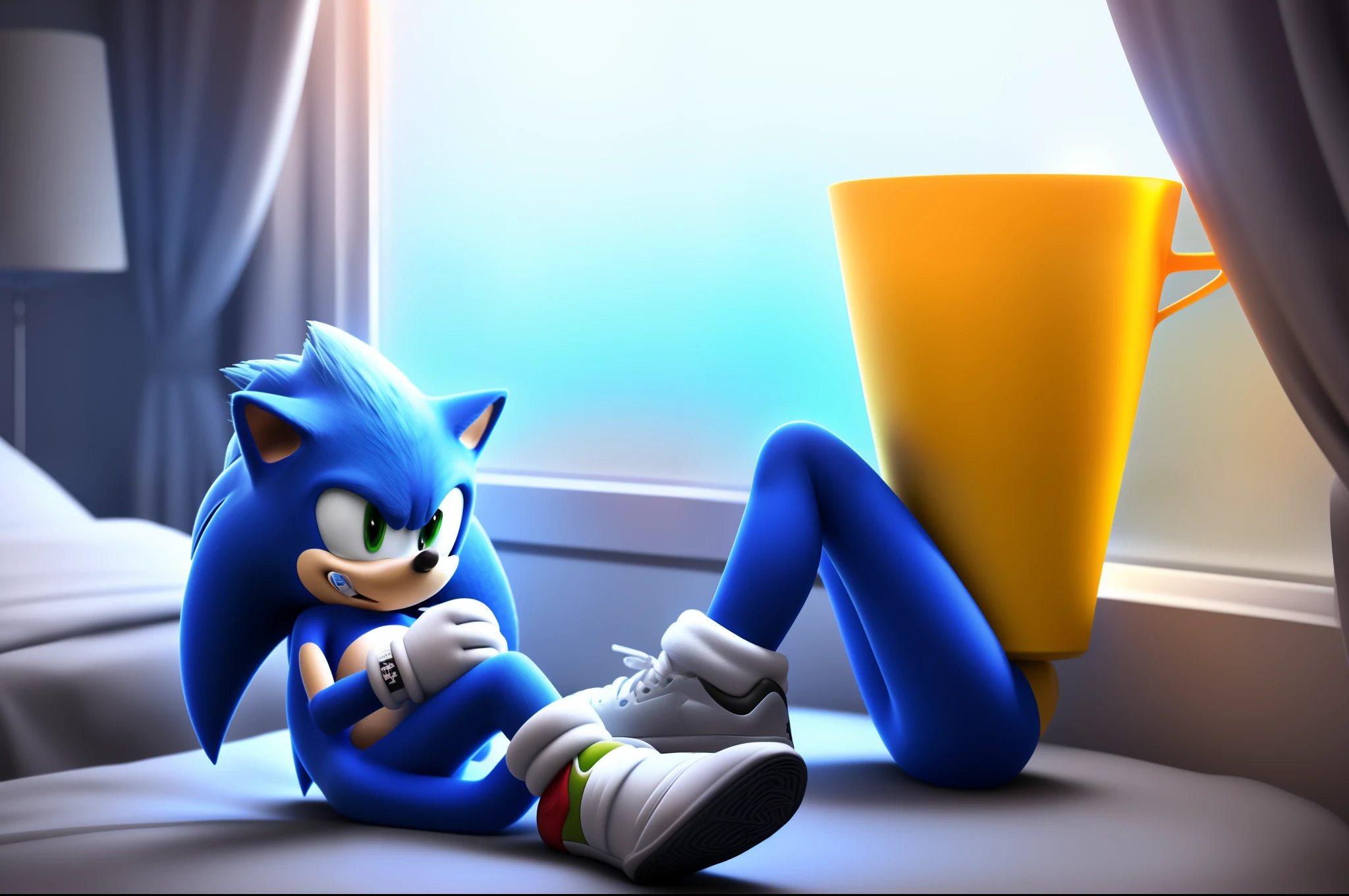 hyper realistic sonic in his room sitting on his bed while it's raining outside the window and he looks sad and he's wearing a hoodie and joggers with glowing Jordan 5s and he’s holding a white cup stacked with another white cup with glowing blue juice inside with glowing blue pills on the floor