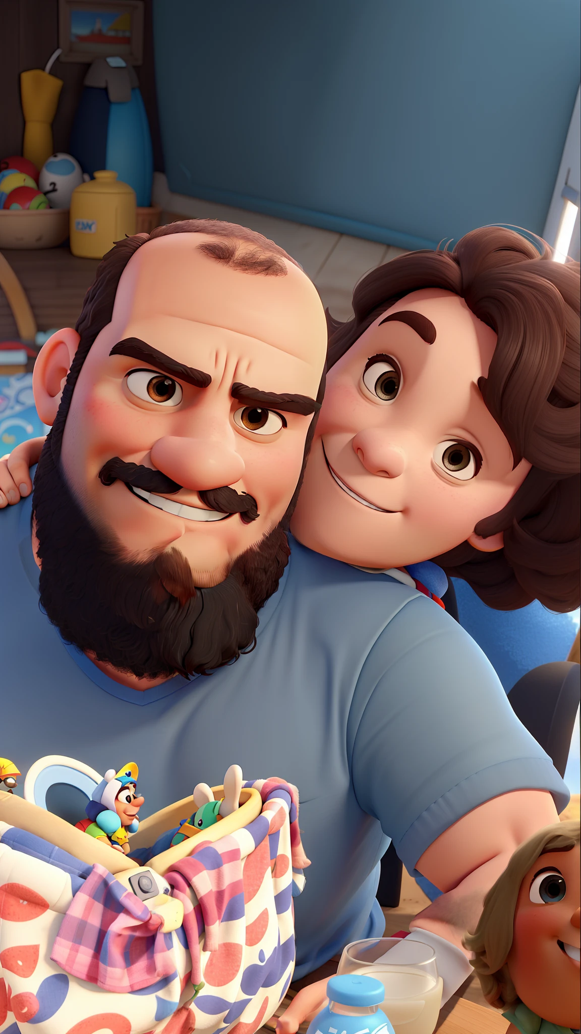 Um homem gordo, careca, com barba e uma mulher gorda, estilo Disney Pixar 3D, contra o pano de fundo de uma praia ensolarada