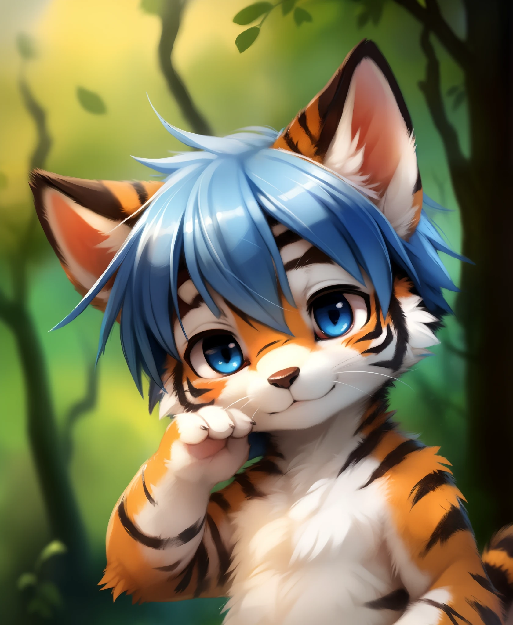 by dagasi, (by carrot:0.6), (by silverfox5213), by castitas, by tsukune minaga, (by manmosu marimo:0.6), by kenket,, White Tiger, (best quality, masterpiece:1), solo, furry male anthro, blue eyes, medium hair, blue hair, portrait, fingers, finger claws, looking at viewer, tiger tail ,(outdoors dark forest trees blurry blurred background:1.1),