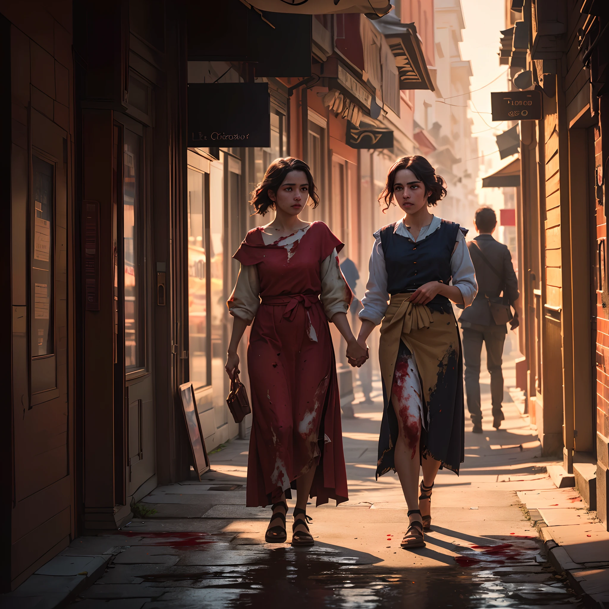 a photo hands holding blood-stained cloth taken with a mirrorless camera in a city at evening, it has a warm colours :: the dramatic lighting, the image has a dramatic and a photorealistic