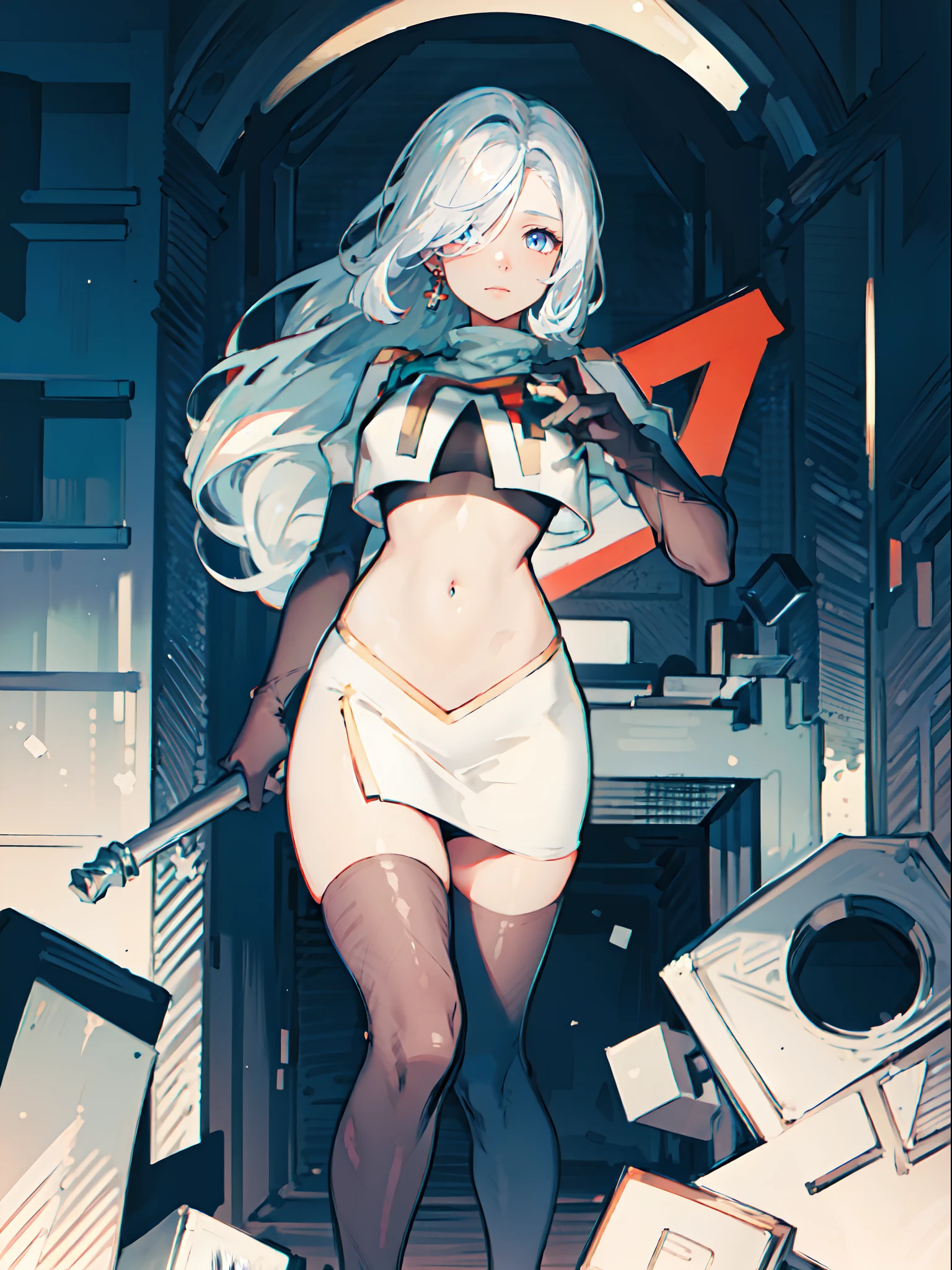 1girl, shenhe \(genshin impact\), long hair, silver hair, medium breasts, hair over one eye,,1girl,team rocket,team rocket uniform,white skirt,crop top,black thigh-highs,black elbow gloves,