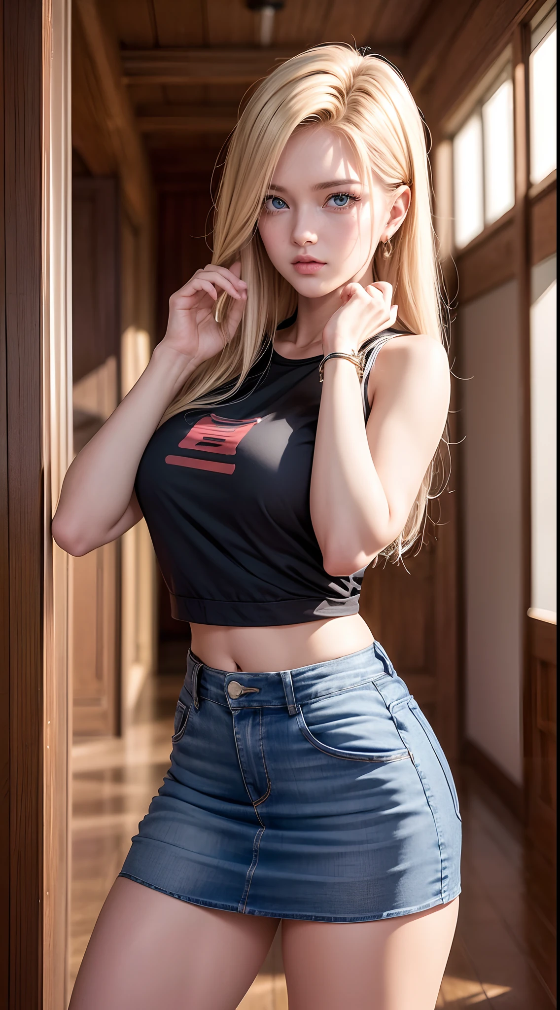 imagem hiper detalhada, UHD, 16k, foto profissional, (Foto realista do Android-18 de Dragon Ball Z), ((deusa da menina da beleza, encantador, various accessories, Brincos, cabelos loiros curtos muito lisos, um fio de cabelo entre os olhos)), serious facial expression, ((Ela usa uma jaqueta jeans azul e uma camisa cropped branca, Short white subterranean showing the flesh of his breast)), Open and erotic denim jacket showing off your stunning, Seios grandes lindos e perfeitos, (( long natural sagging breasts, Seios naturais perfeitos, seios longos e pontiagudos ultragigantes saindo da jaqueta)) seios cheios, large body, alto, Visible thin abdominals, corpo curvo, Curvaceous, pert bunda, ela usa um cinto e um (((Raised blue denim skirt she doesn't wear panties, Perfect display, pelos pubianos mostrando, lifting her skirt with her hand))), pernas grossas abertas, sorrindo mostrando fio dental preso em seu molhado , Flexible Body, Botas marrons, perfect hands and fingers, ambiente escuro , noite de luar, Fundo Cyberpunk,
(android-18 estilo cyberpunk), Arte Oficial, Android-18 mulher sexy, arte oficial do personagem, protagonista feminina sexy, curvo, Corpo magro e tonificado, pernas abertas, exposto, micro fio dental recheado nela , enfiando sua bunda grande , 16k foto ultra realista, foto tirada de cima mostrando seu decote, faixa enorme, Akiri Toriyama, Diretor: Akira Toriyama, Bulma de Dragon Ball, Melhor Design de Personagens de Anime, Akira Toriyama's stroke style, Cute single character, semi-, ( great lighting) (, , pubic hair), ((calcinha transparente rosa molhada, pubic hair))