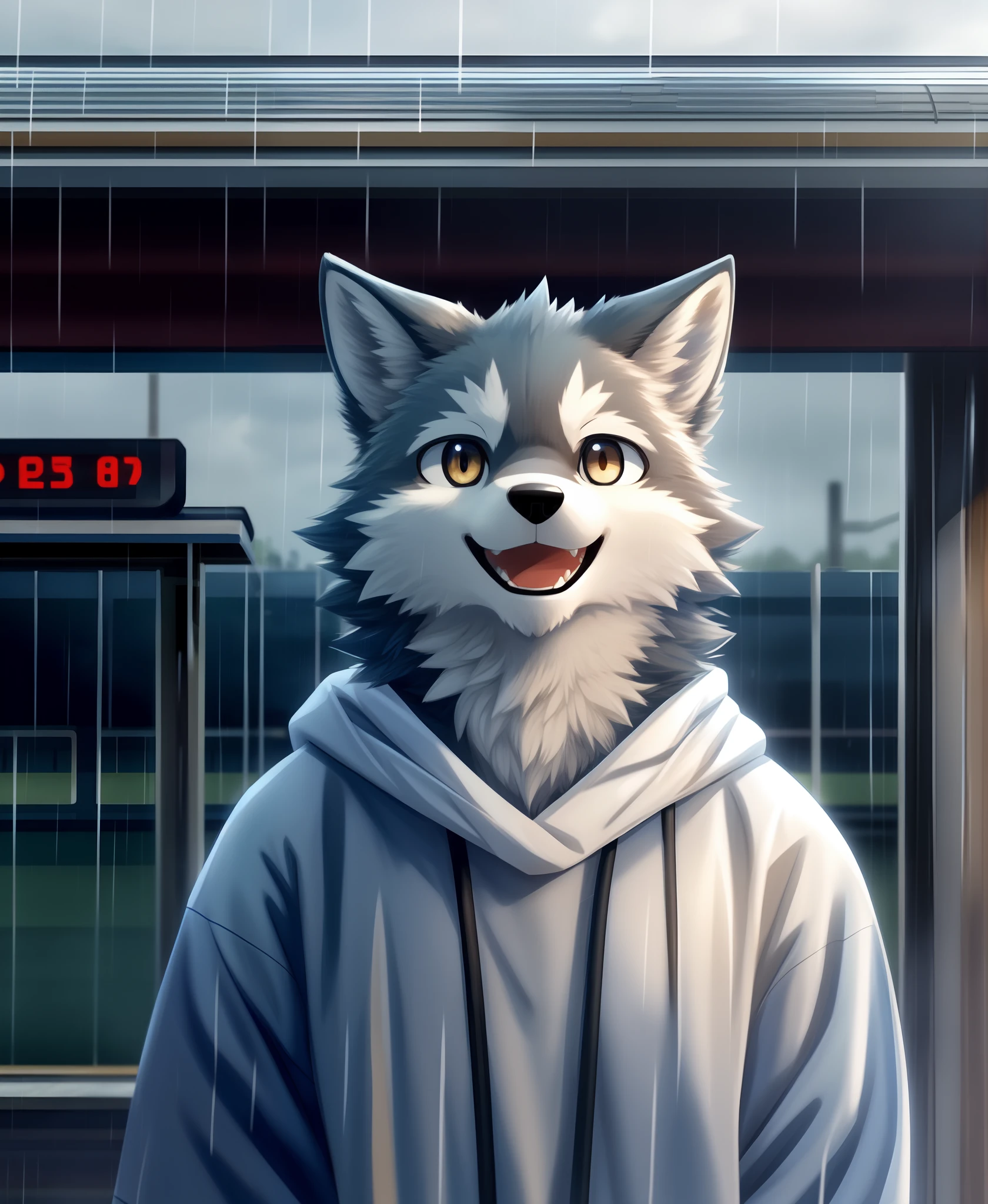 masterpiece, best quality, perfect anatomy, bright eyes, watery eyes, kemono, furry, wolf, (felis:0.25), male, solo, baggy clothing, (open smile:1.1), gentle, looking at viewer, train station, rain, (waterdrop:0.9), grey sky, raining, (fog:0.4), detailed eyes