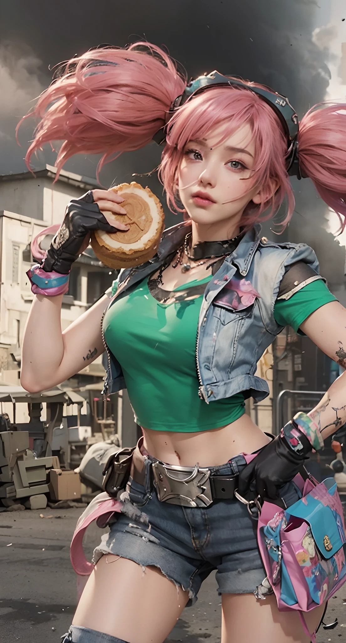 Real life adaption of this character, beauty face,looking to viewer,realistic same pink hair,realistic battlefield background with black smoke, hyper realistic, realistic light, realistic shadow, realism,(photorealistic:1.2), (realistic same outfit),(realistic same accecories) , realistic same bag, realistic same gloves, realistic same belt, realistic same necklace, realistic same cake on her hand