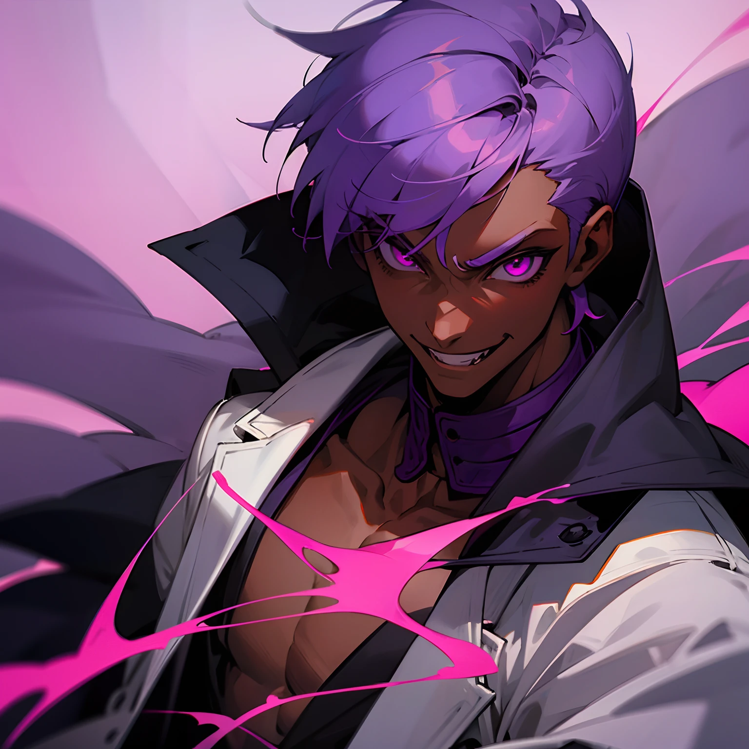 man, boy, solo character, short hair, purple hair, pink eyes, fangs, dark skin, smile, doctor coat, vampire